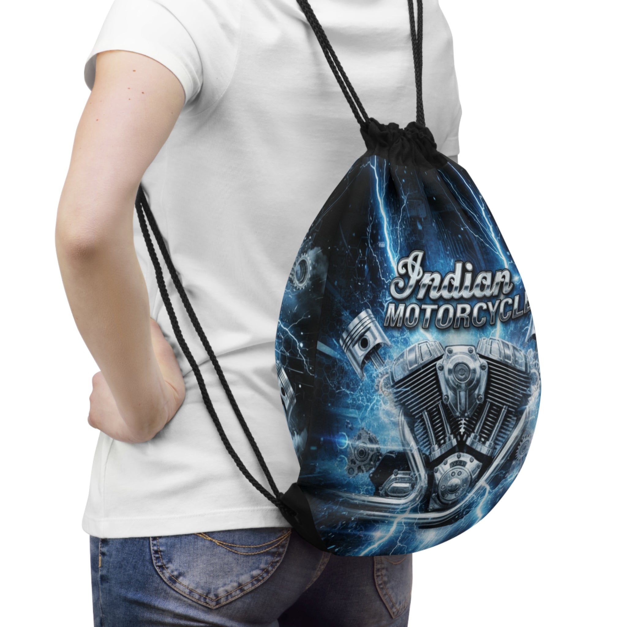 Indian Motorcycle Lightning Drawstring Bag — Vintage V-Twin Engine Gym Sack