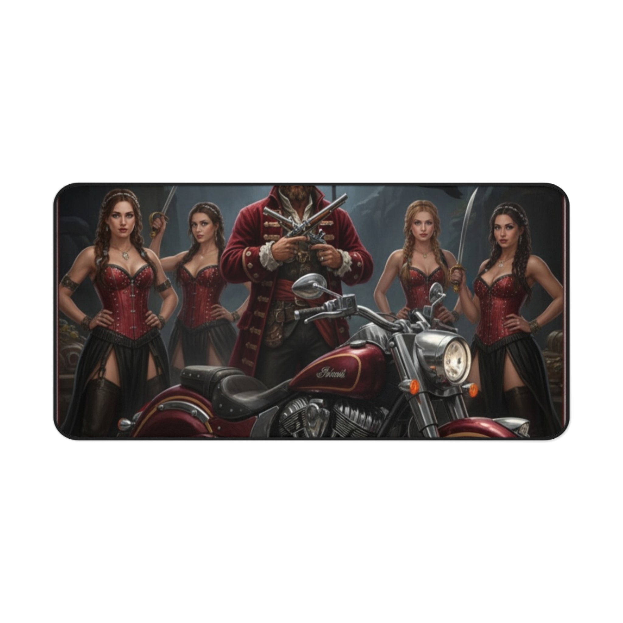 Pirate Biker Desk Mat — Captain with Motorcycle & Sirens Gaming Mousepad