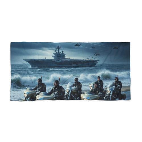 Beach Towel — Navy Carrier & Motorcycle Riders Ocean Scene