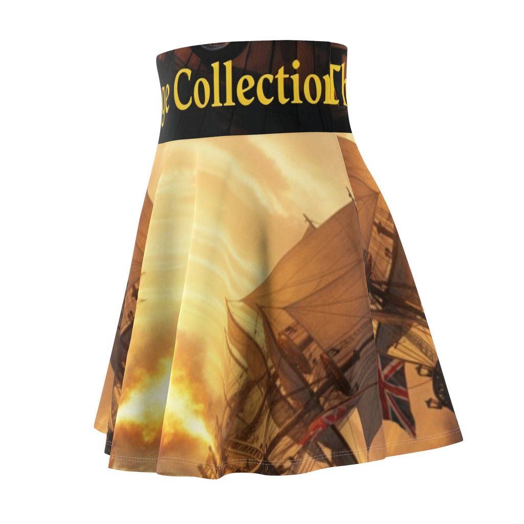 Golden Pirate Ship Skater Skirt - 'The Captains' AOP Nautical Graphic