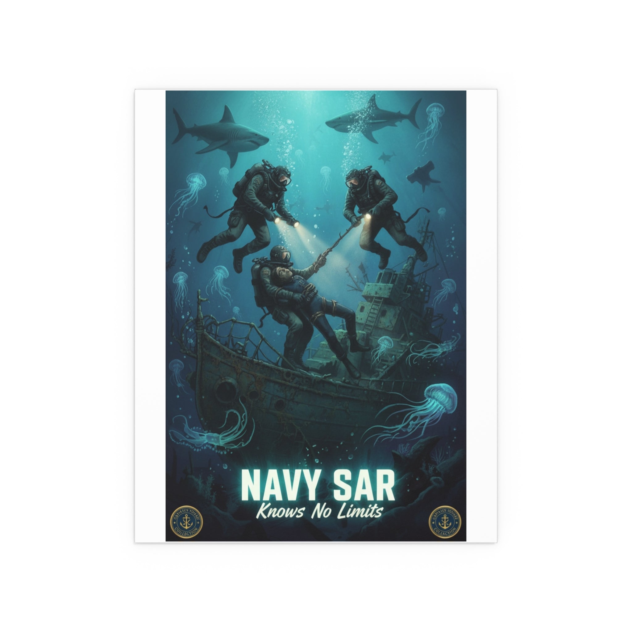 Navy SAR Silk Poster — 'Knows No Limits' Underwater Diver Rescue Art