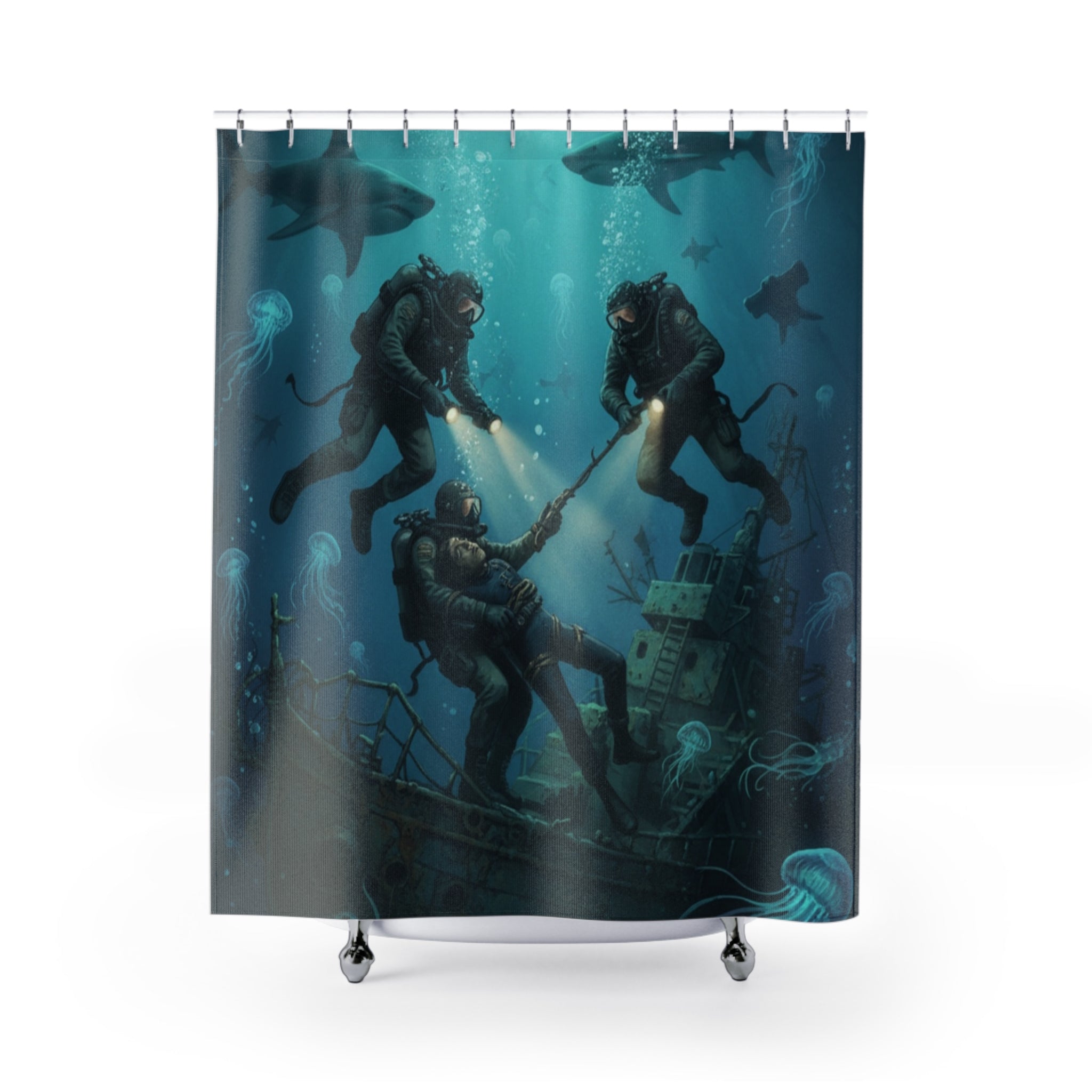 Underwater Divers Shower Curtain — Vintage Deep Sea Salvage Scene