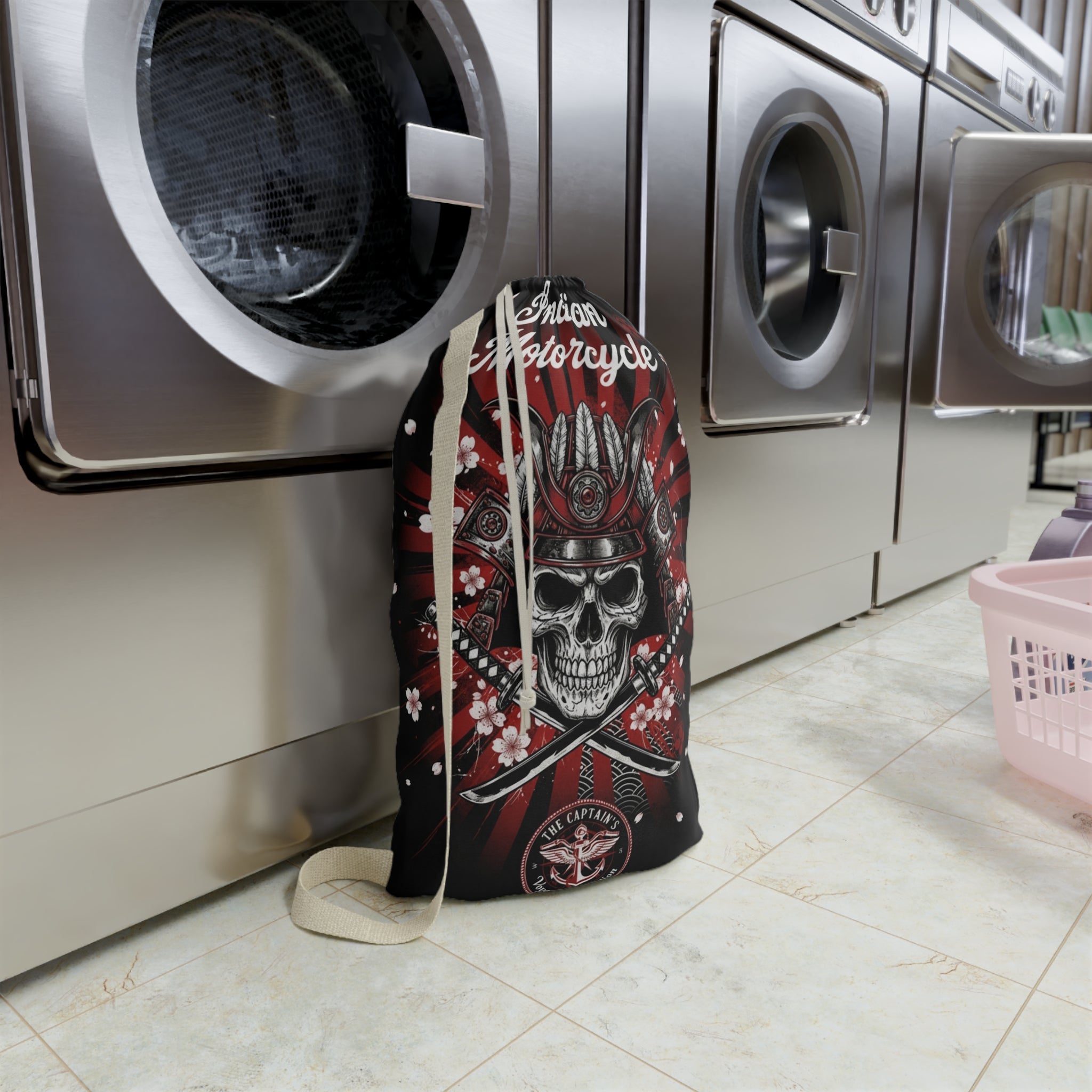 Indian Motorcycle Skull Laundry Bag — Biker Skull Drawstring Wash Bag