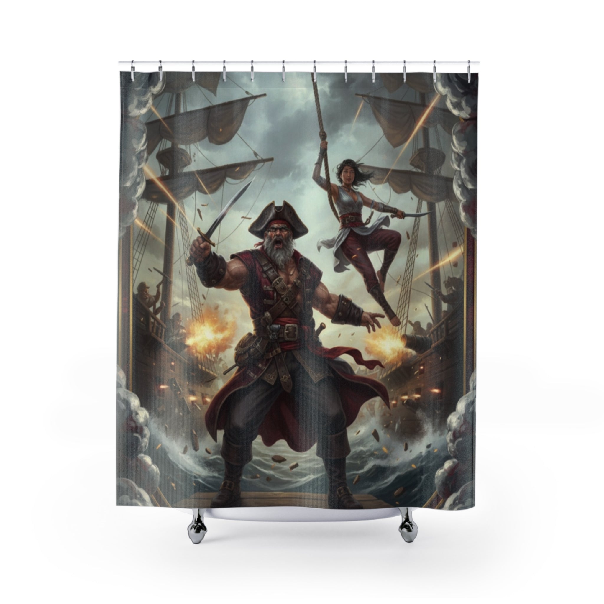 Pirate Battle Shower Curtain — Vintage Sea Captain & Swashbuckler Nautical Bathroom Decor