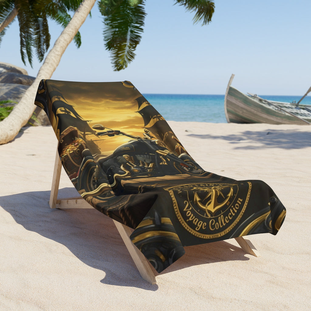 Vintage Motorcycle Beach Towel — Biker Skull & Compass Sunset Design