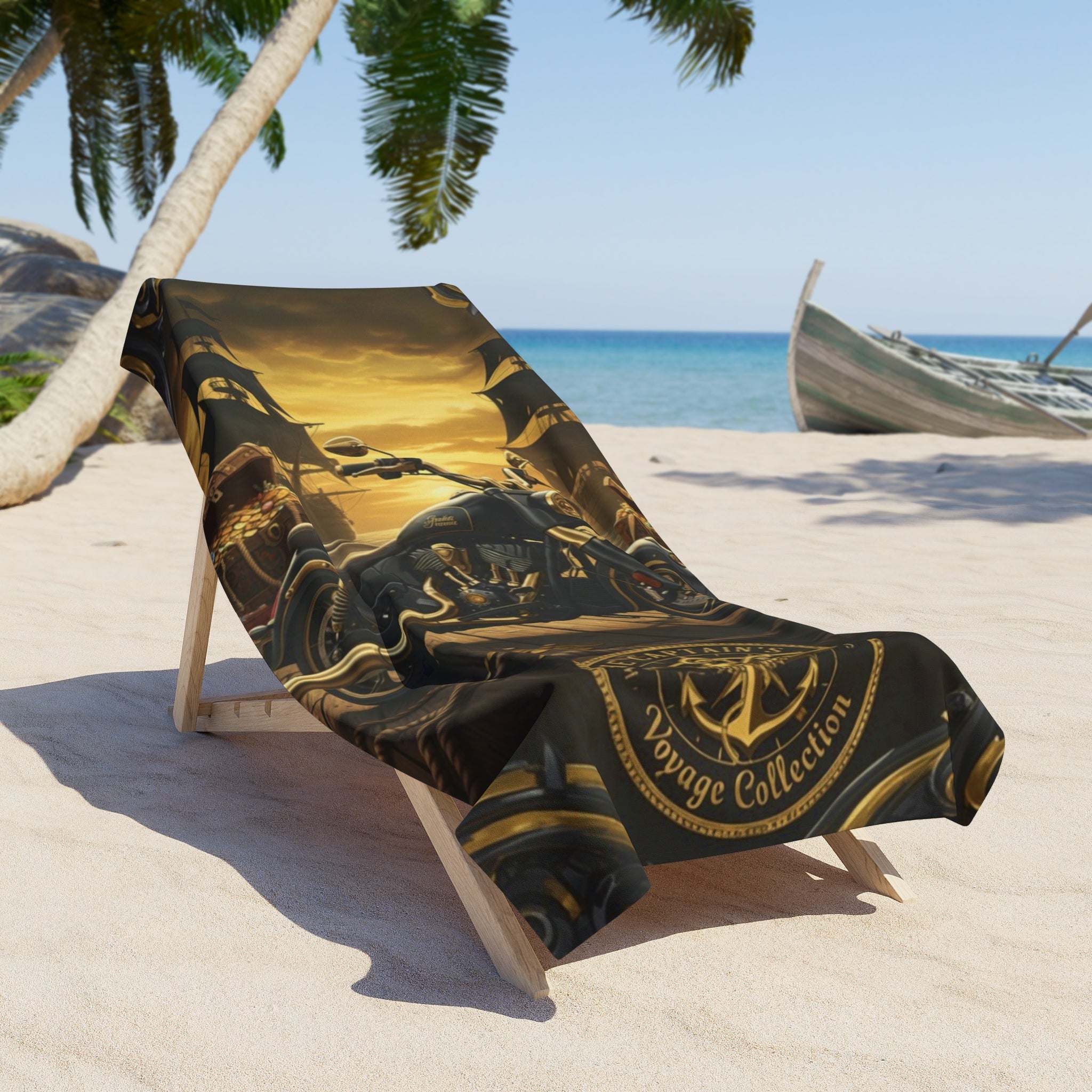 Vintage Motorcycle Beach Towel — Biker Skull & Compass Sunset Design