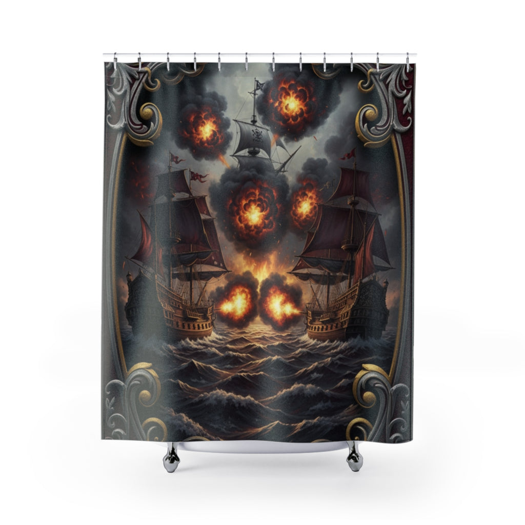 Pirate Ship Battle Shower Curtain — Exploding Cannonball Nautical Bathroom Decor