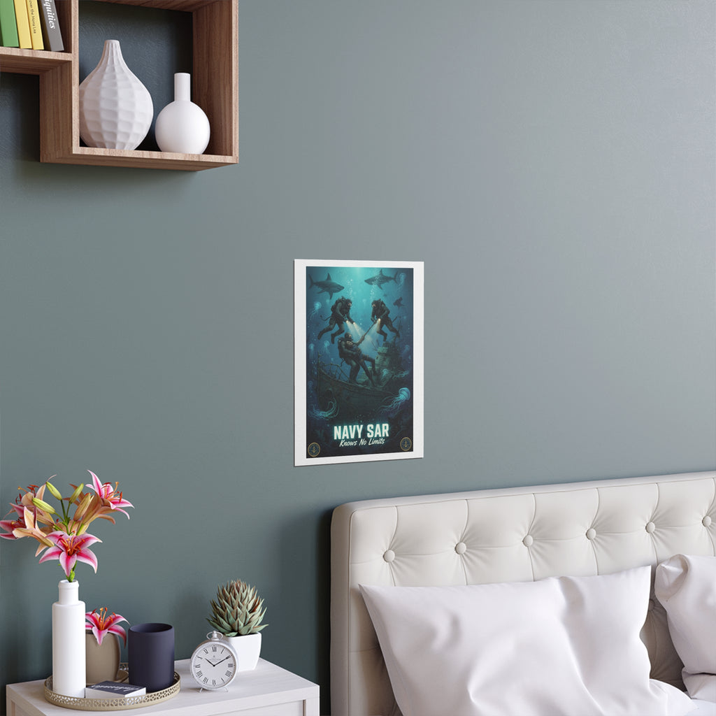Navy SAR Silk Poster — 'Knows No Limits' Underwater Diver Rescue Art