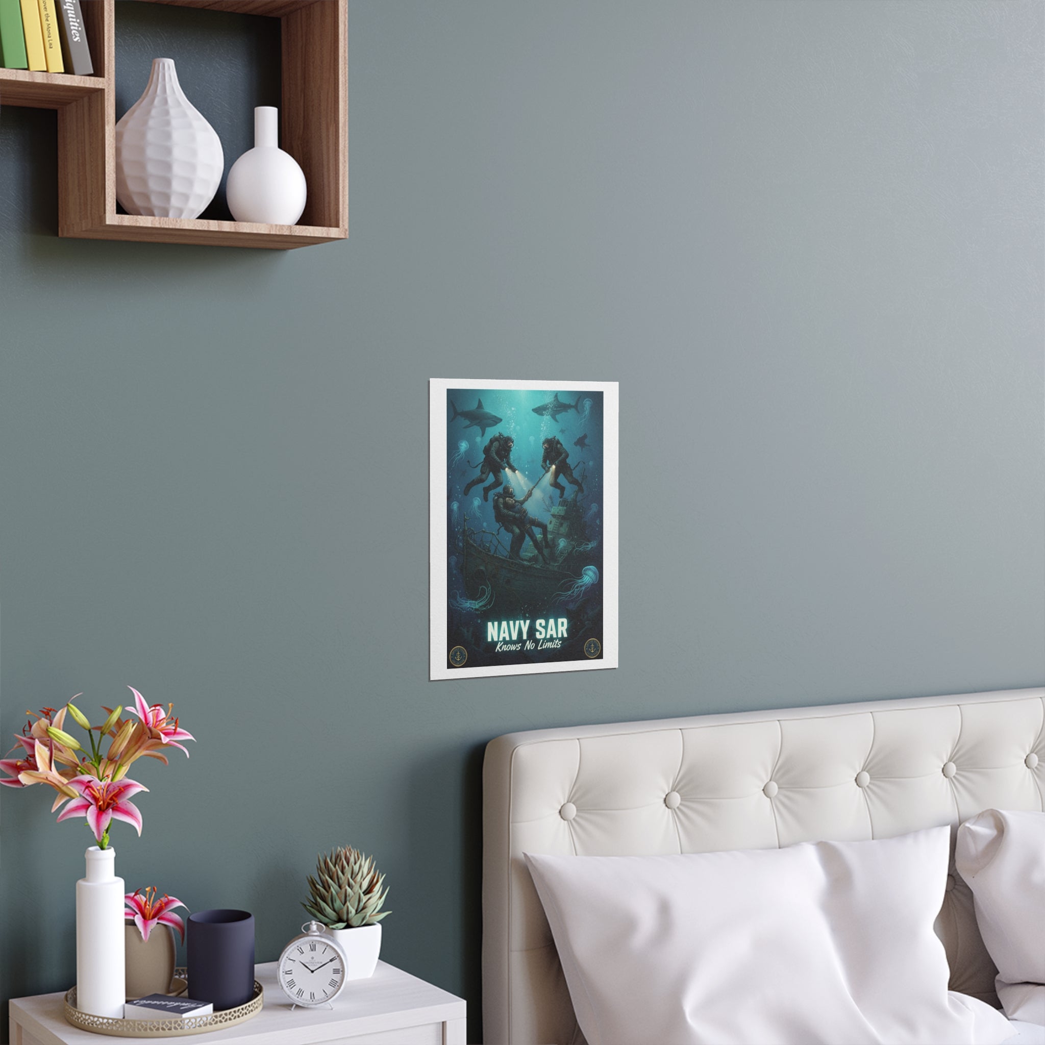 Navy SAR Silk Poster — 'Knows No Limits' Underwater Diver Rescue Art