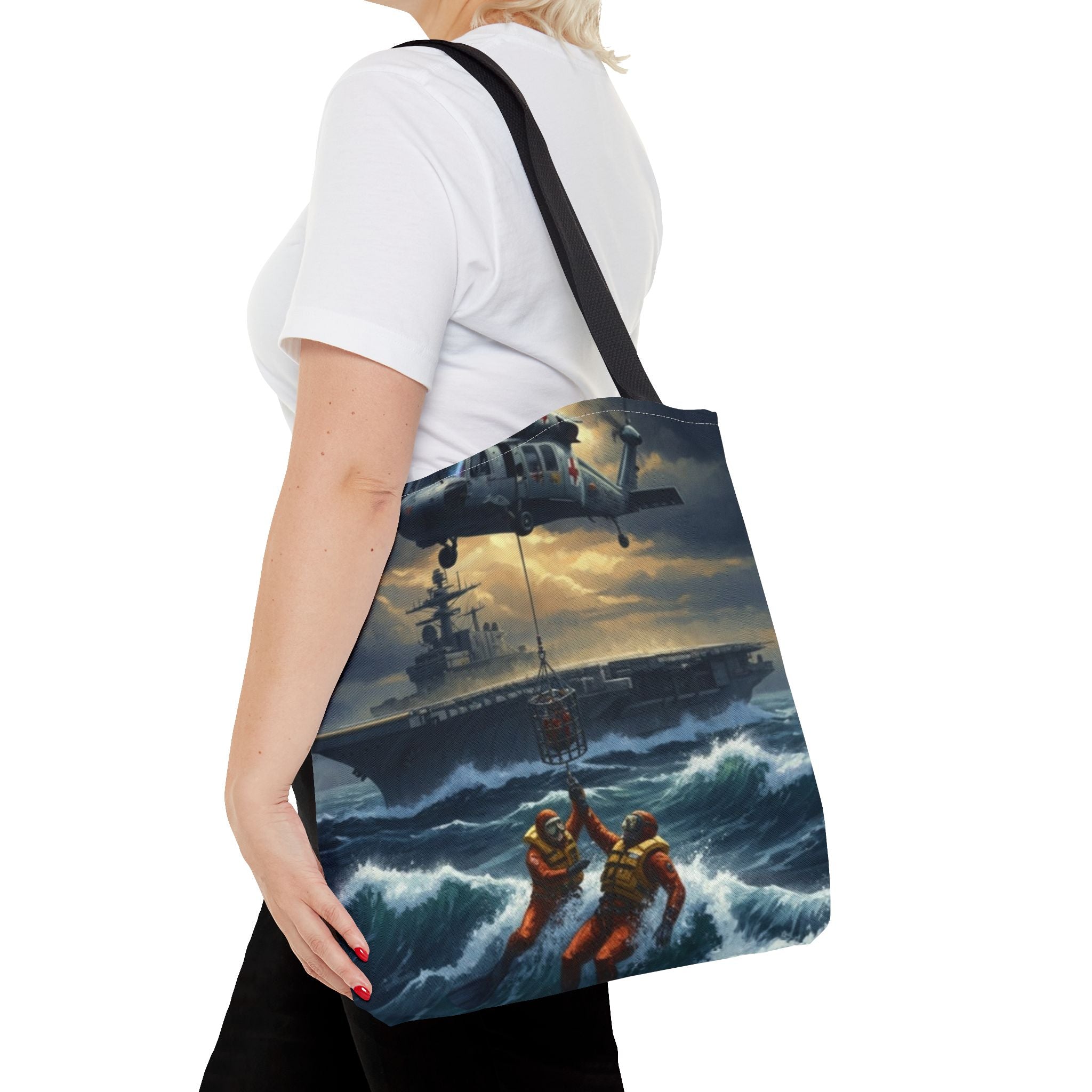 Rescue Squadron Tote Bag – Military Helicopter & Ship Search and Rescue Artwork