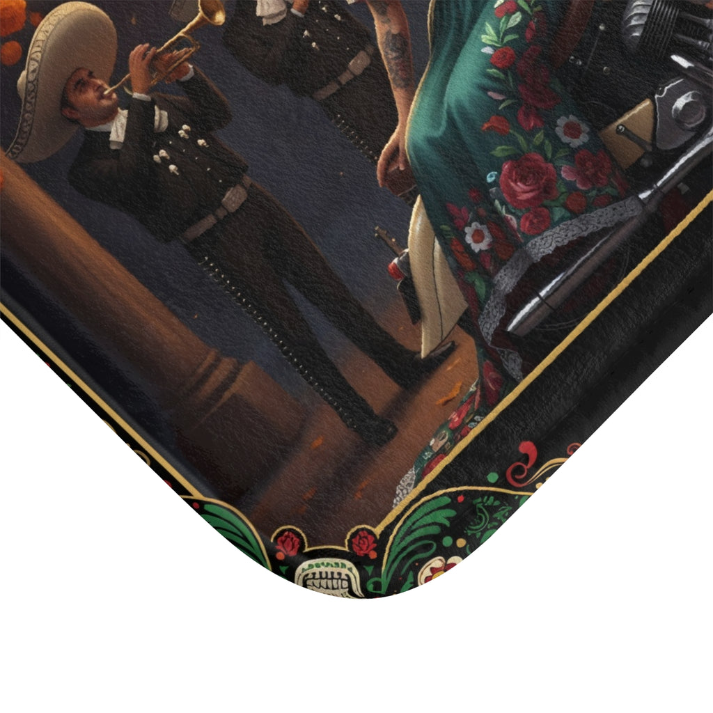 Cinco de Mayo Day of the Dead Motorcycle Bath Mat – Mexican Mariachi Skull Design