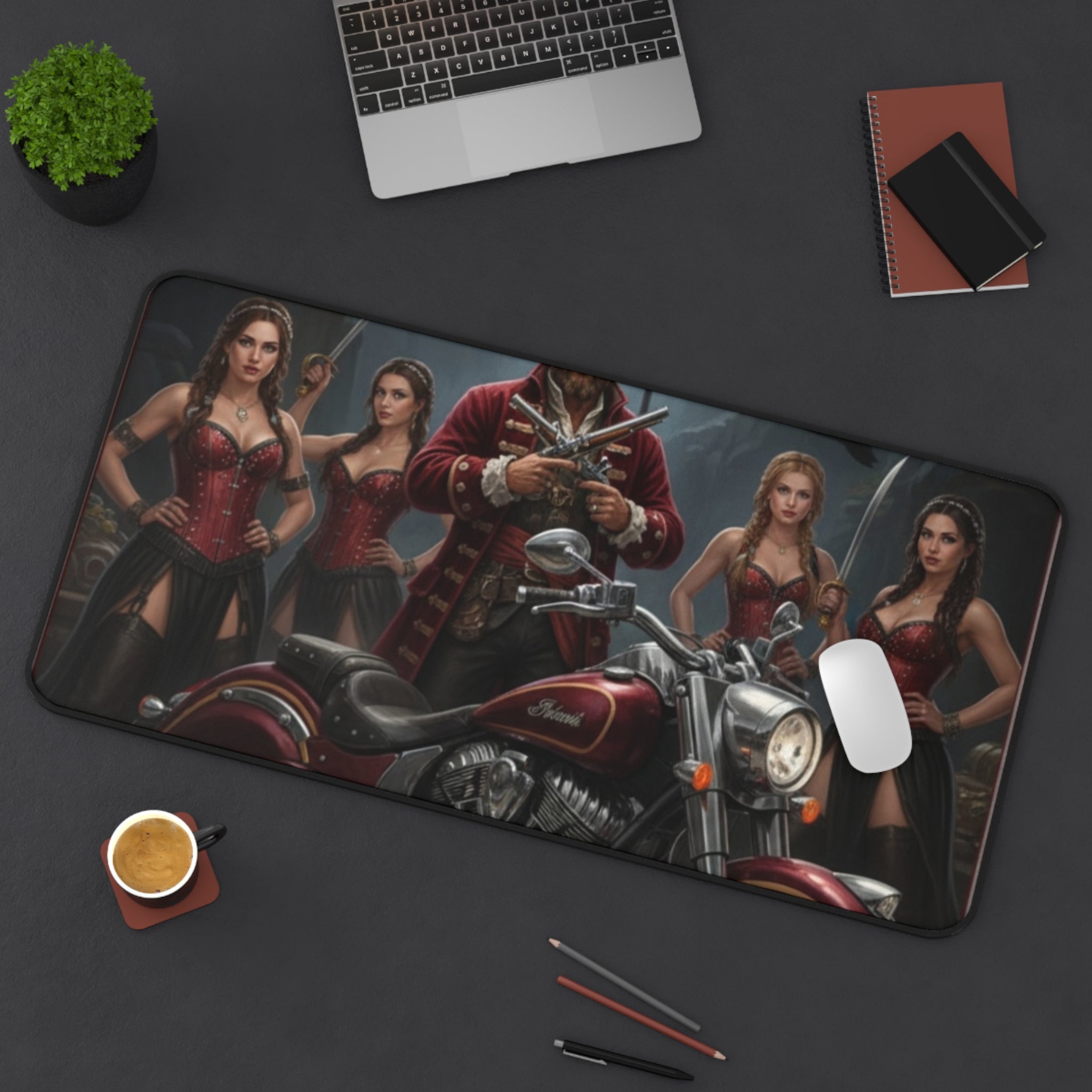 Pirate Biker Desk Mat — Captain with Motorcycle & Sirens Gaming Mousepad