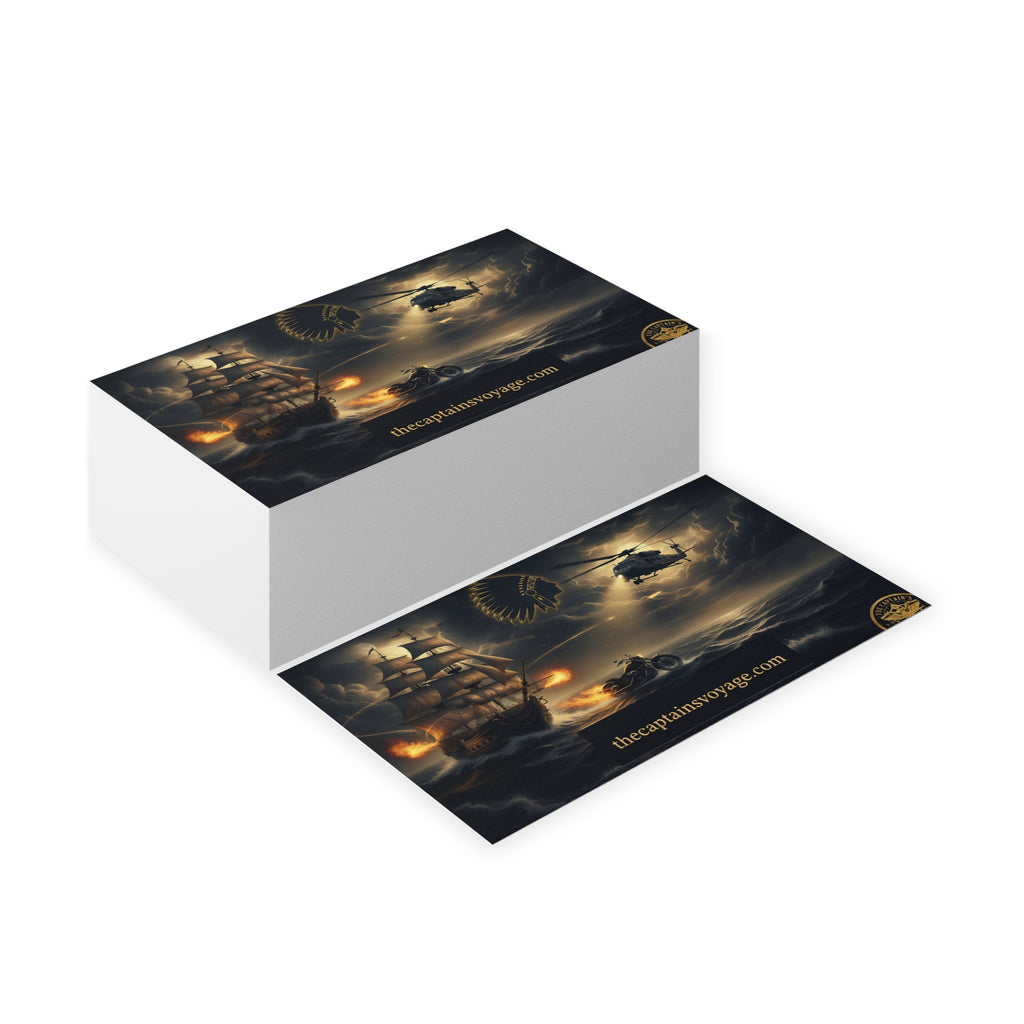 Business Cards — Nautical Adventure Scene with Ship, Helicopter & Motorcycle (thecaptainsvoyage.com)