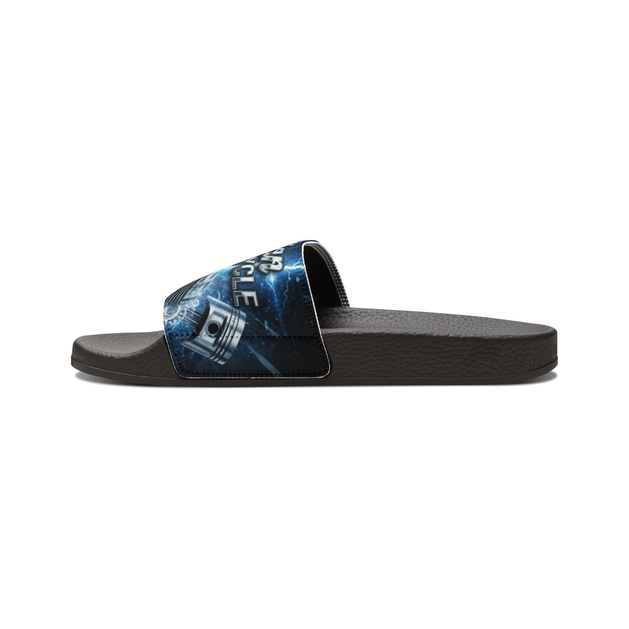 Men's Custom Slide Sandals — Removable Strap Graphic Slides (Motorcycle Emblem Design)