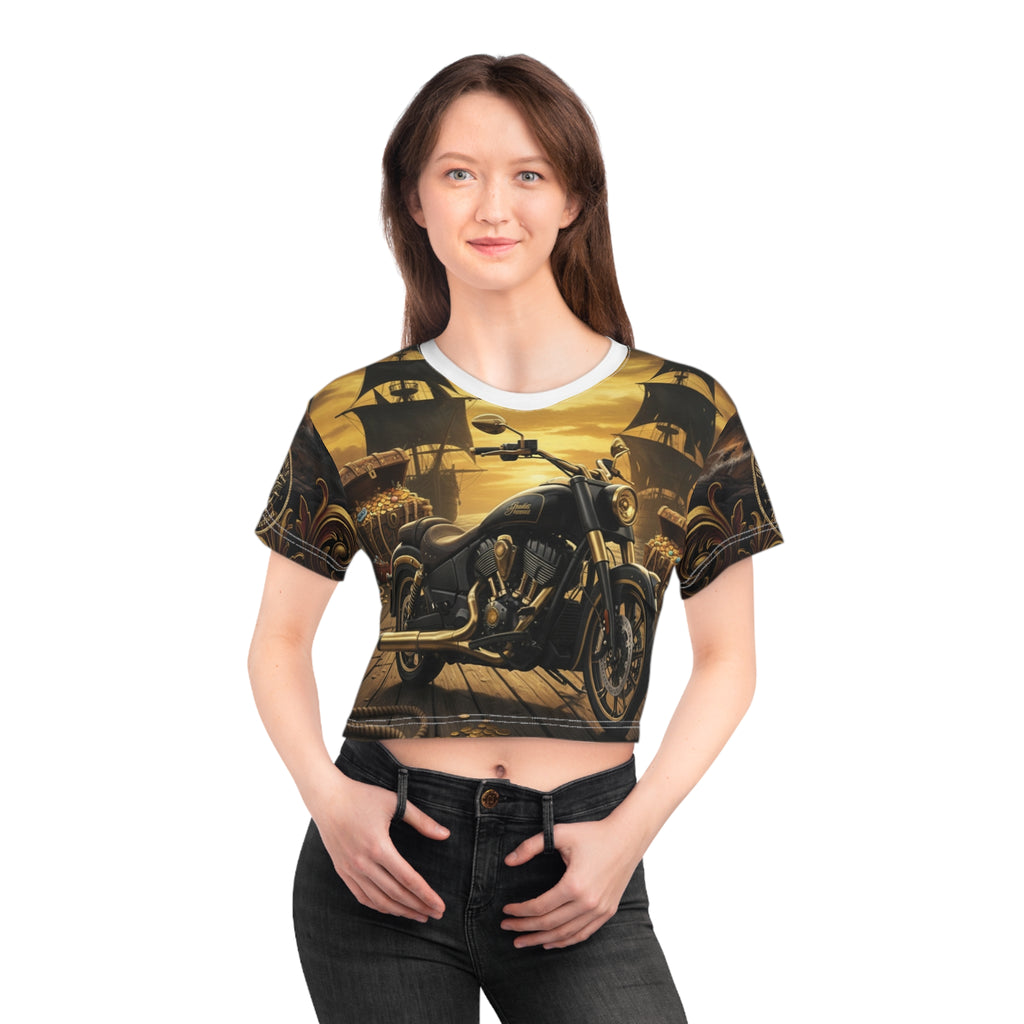 Motorcycle Pirate Ship Crop Tee — Vintage Biker Nautical Graphic Top