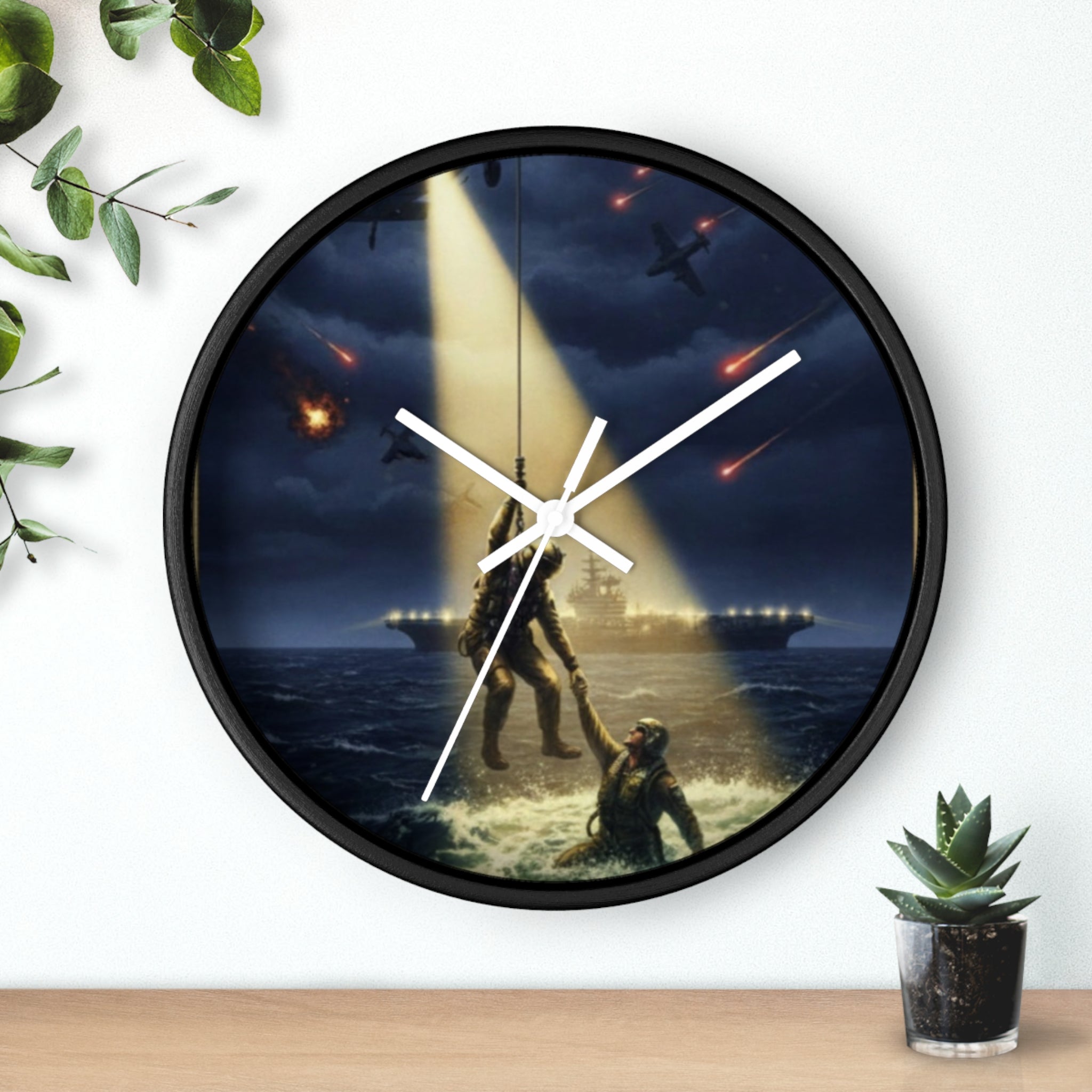 Rescue at Dawn Wall Clock — Military Helicopter Sea Rescue Scene