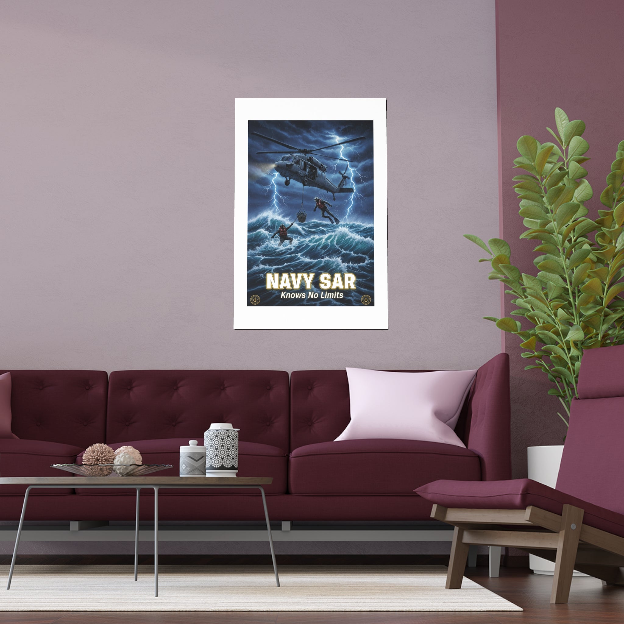 Navy SAR Silk Poster — "Knows No Limits" Rescue Helicopter Art (Indoor/Outdoor)