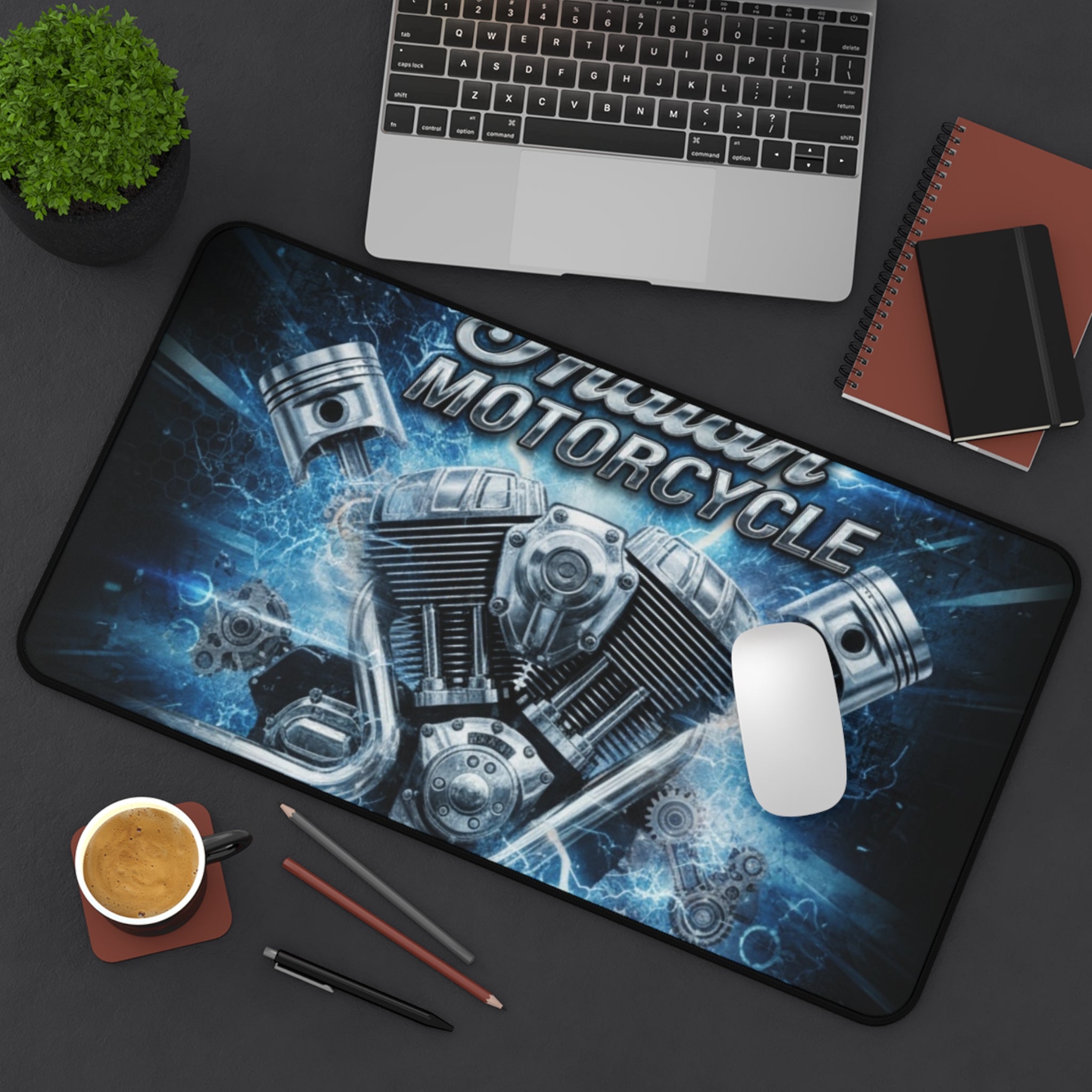Indian Motorcycle Engine Desk Mat — Blue V-Twin Motor Graphic Mouse Pad