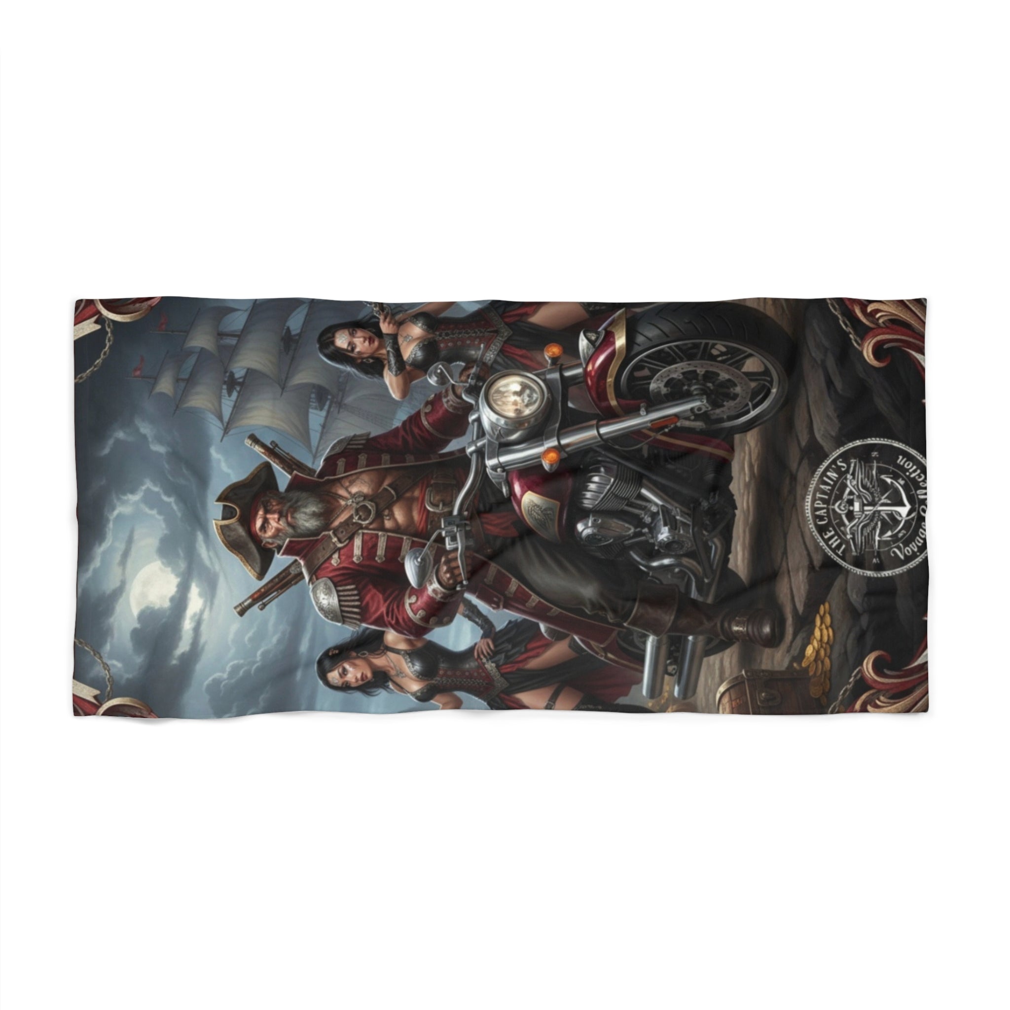 Pirate Biker Beach Towel – Skull & Motorcycle Pirate Crew Print