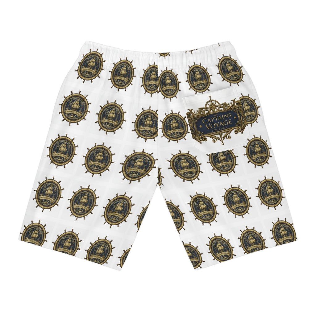 Nautical Captain’s Voyage Athletic Long Shorts — All-Over Ship Wheel Print
