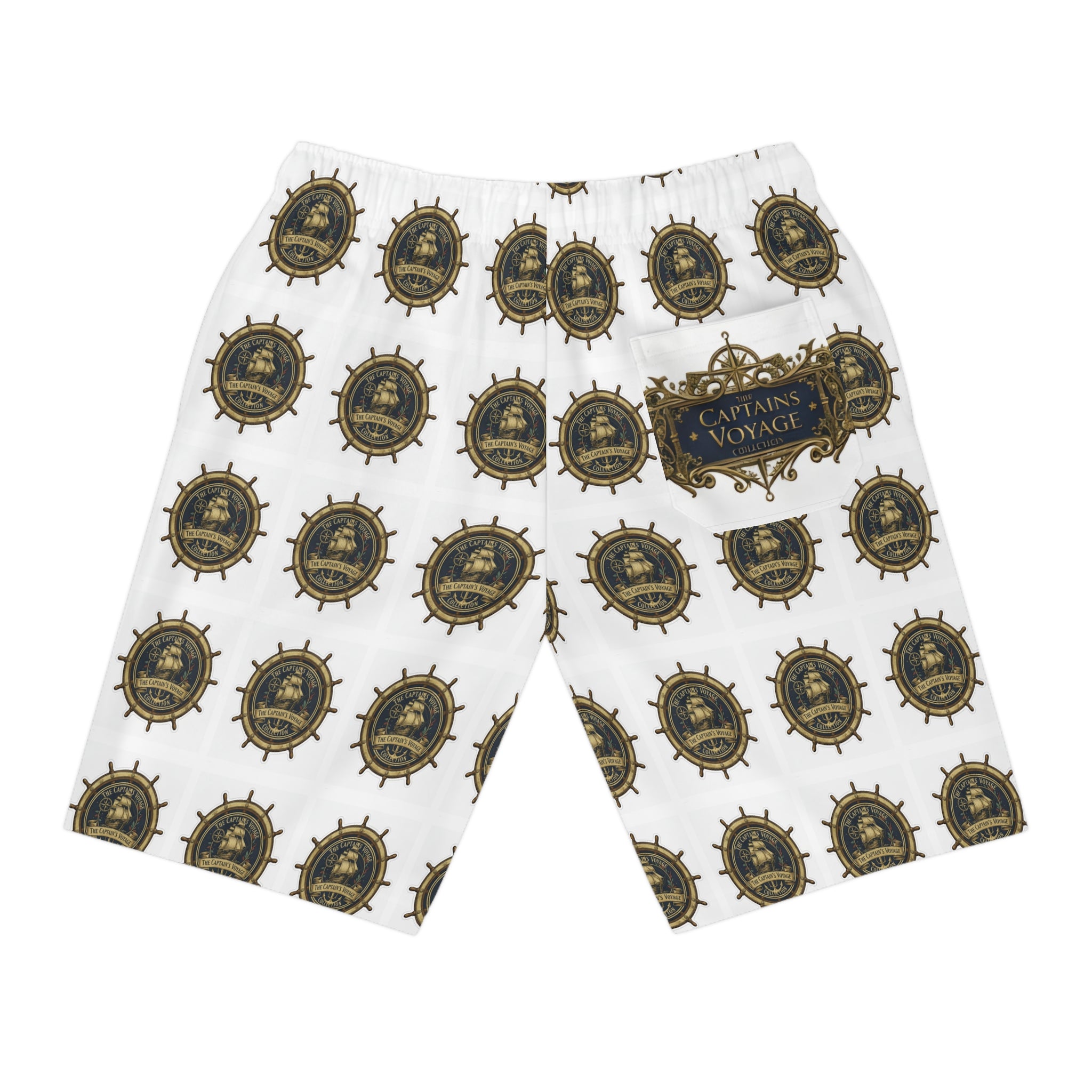 Nautical Captain’s Voyage Athletic Long Shorts — All-Over Ship Wheel Print
