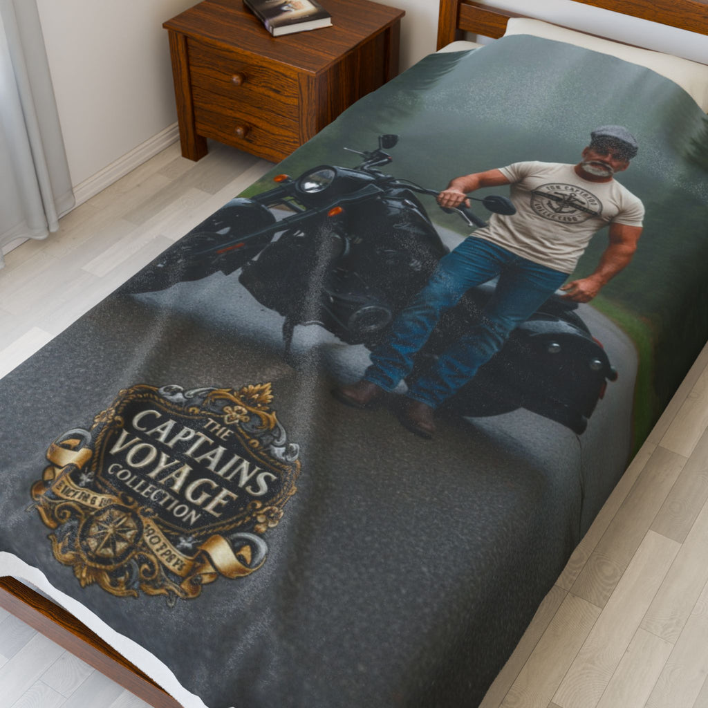 Motorcycle Rider Velveteen Plush Blanket – "The Captain's Voyage" Logo