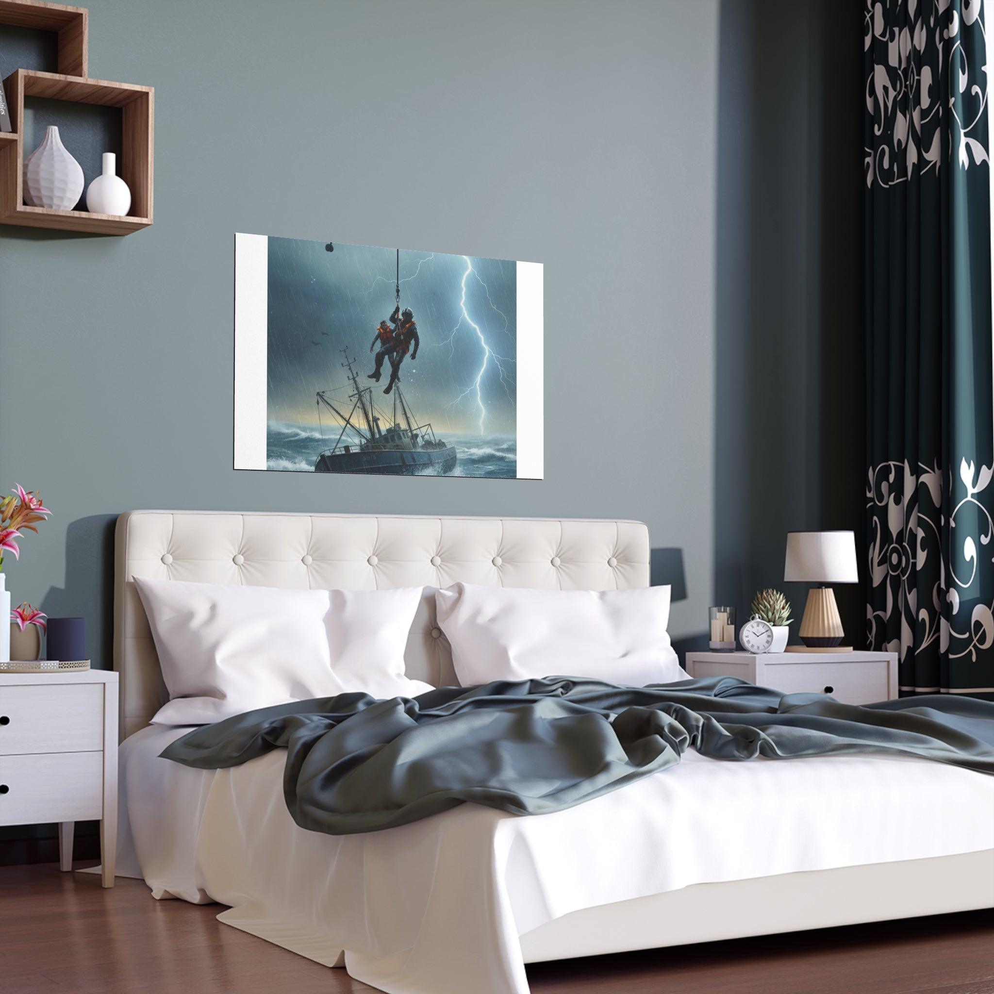 Rescue at Sea Silk Poster — Storm Helicopter Lifesaver Wall Art (Indoor/Outdoor)