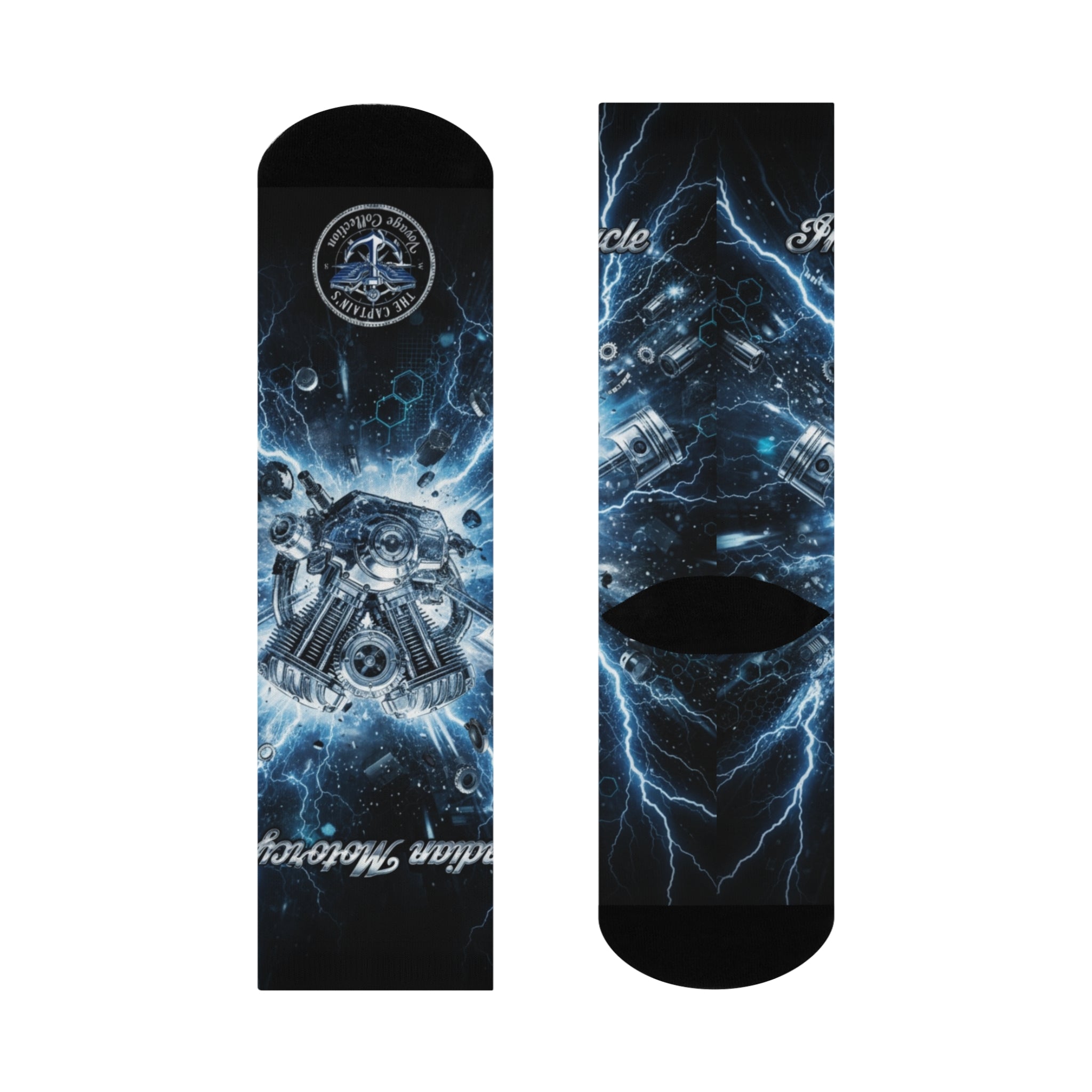Motorcycle Engine Lightning Crew Socks — Cushioned Biker Socks