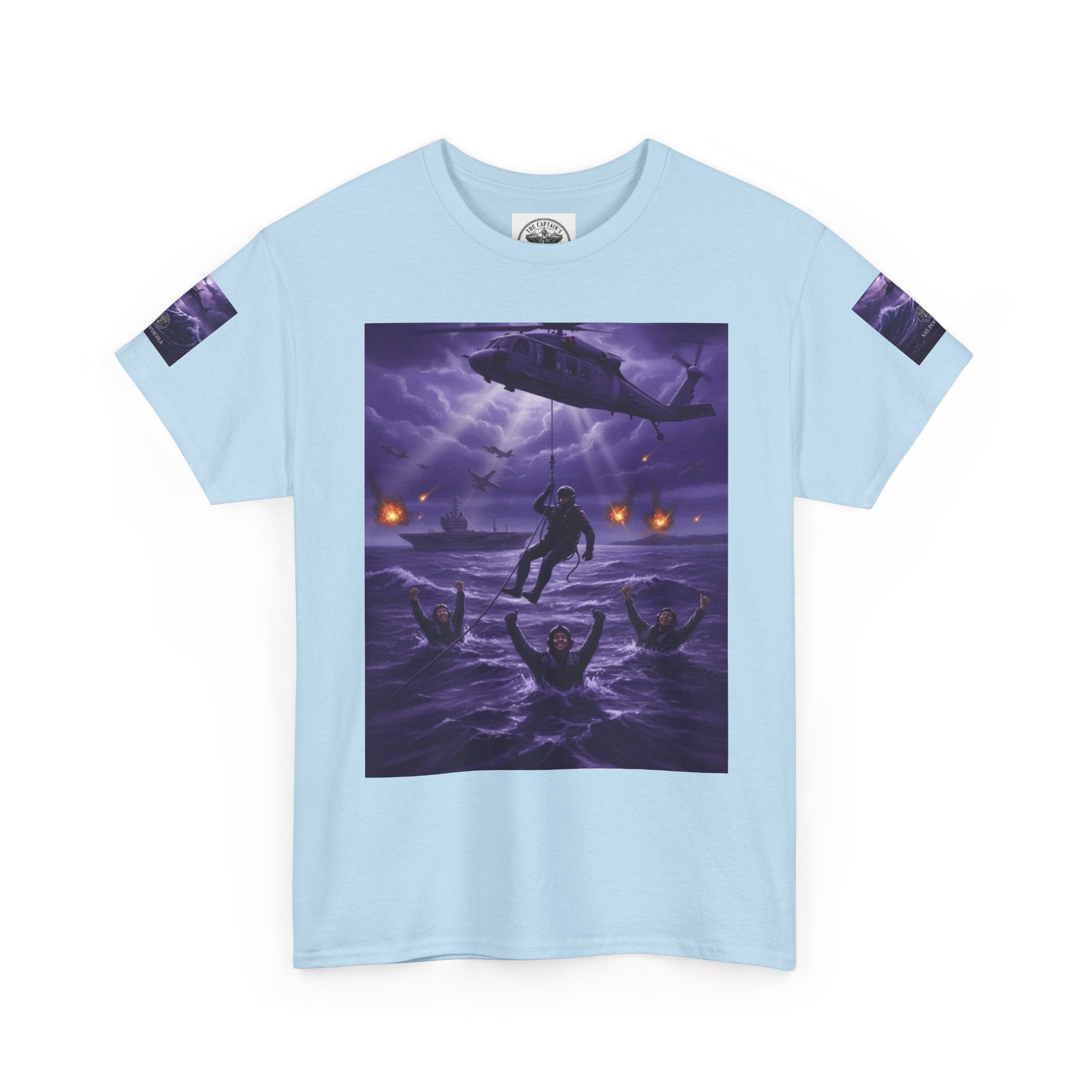 Rescue Night Tee — Purple Helicopter Sea Rescue Graphic T-Shirt