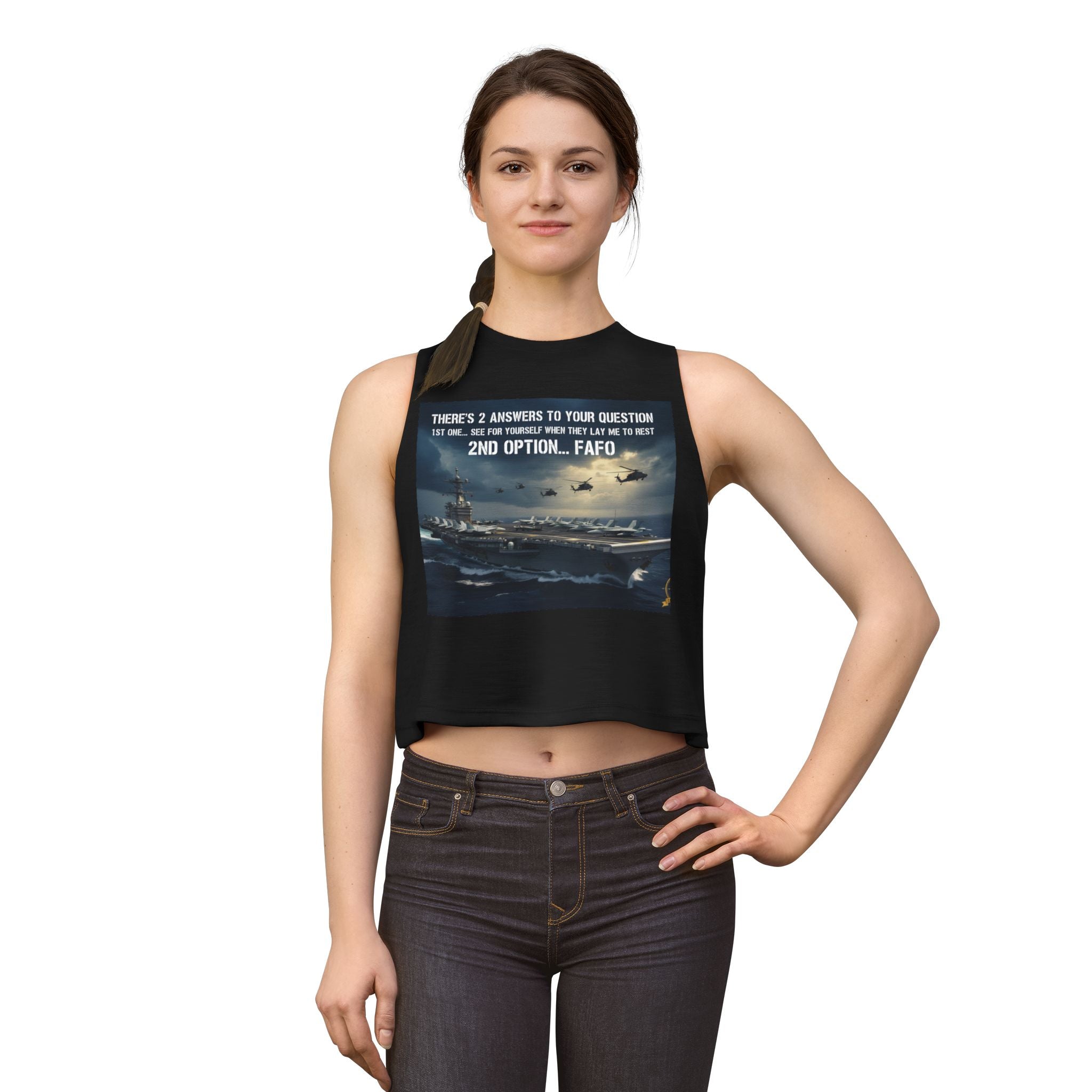 Women’s Crop Top – Military Aircraft Carrier Graphic with “2nd Option…F A F O” Text