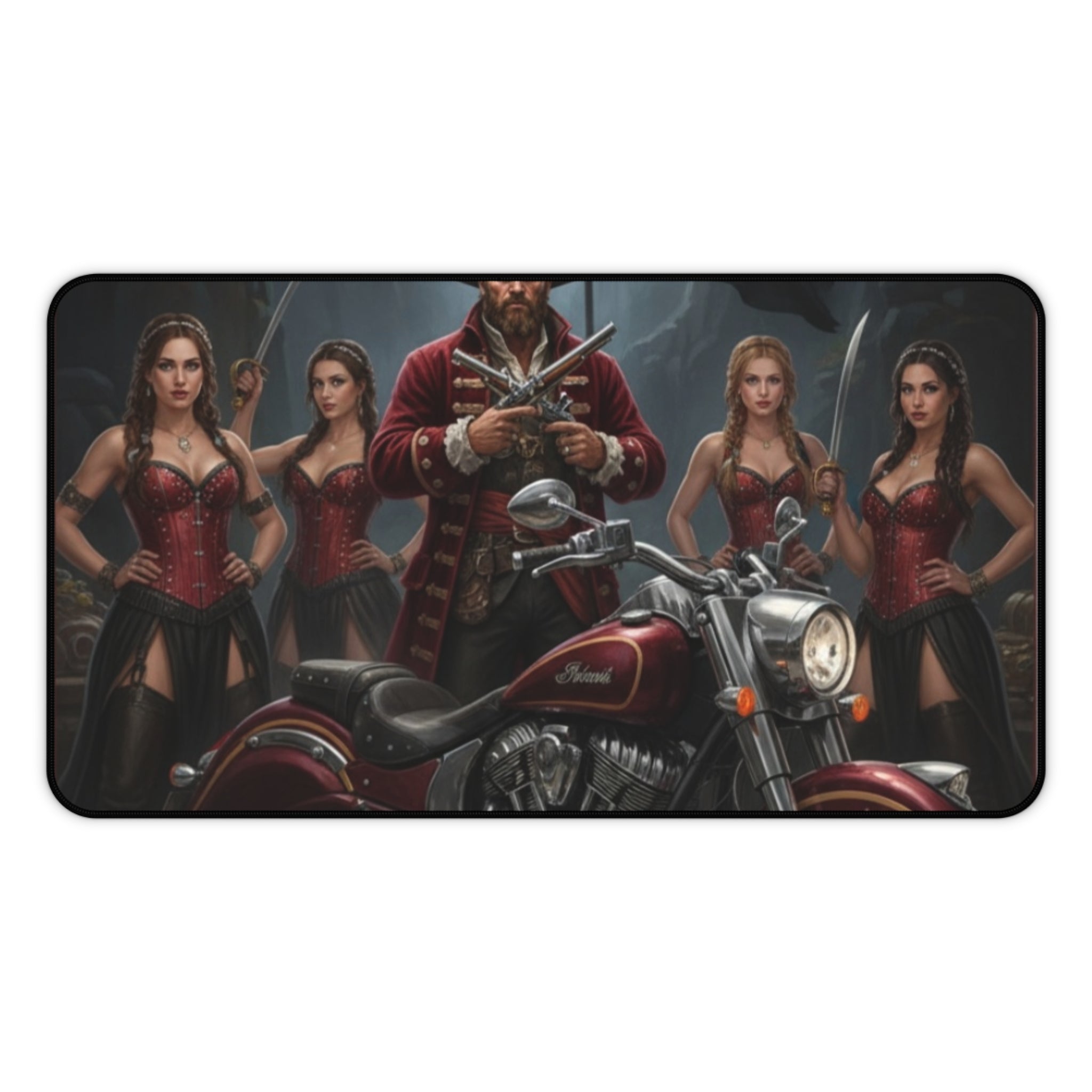 Pirate Biker Desk Mat — Captain with Motorcycle & Sirens Gaming Mousepad