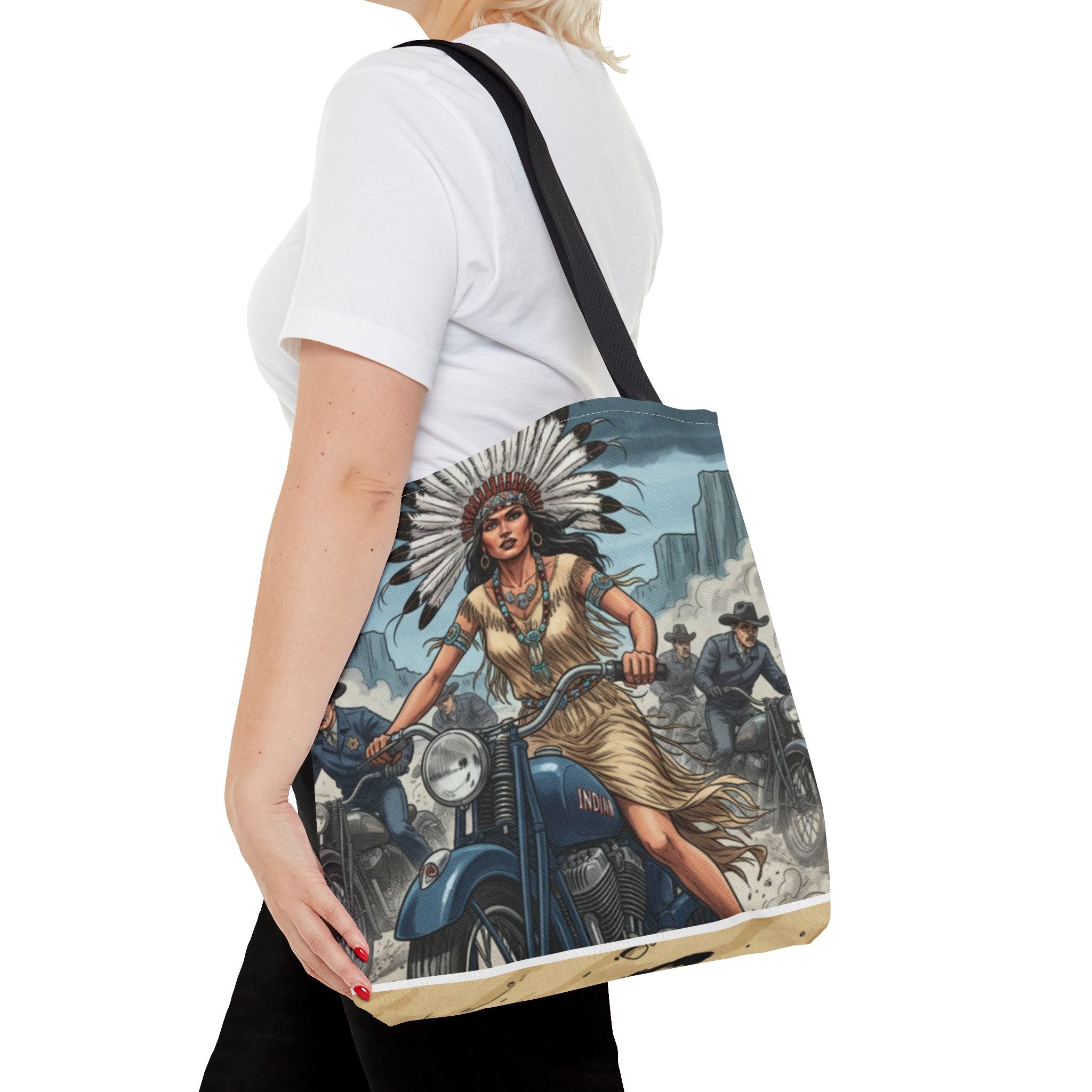 Vintage Biker Tote Bag — Motorcycle Pinup with Headdress