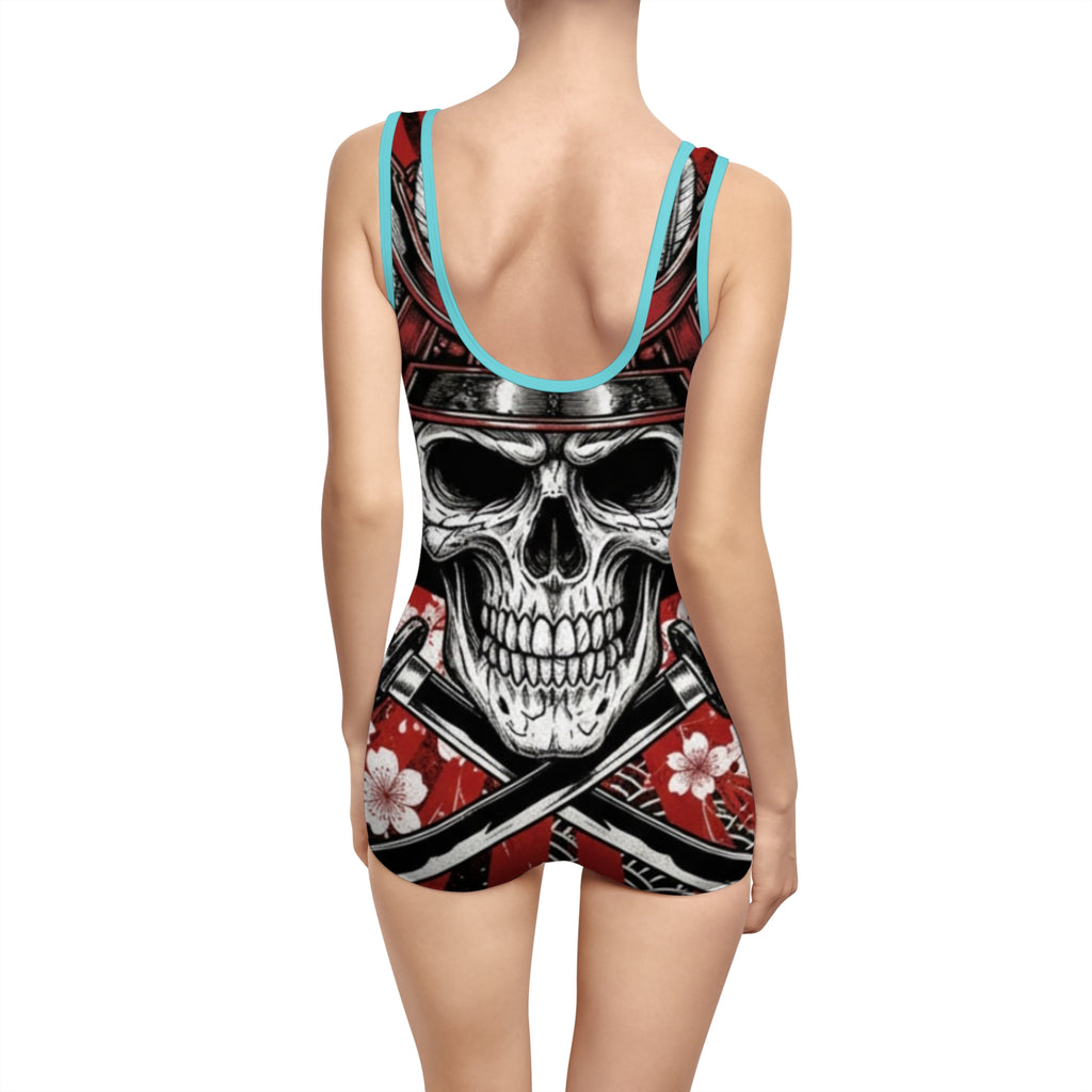 Skull Samurai One-Piece Swimsuit – Vintage Red Floral AOP