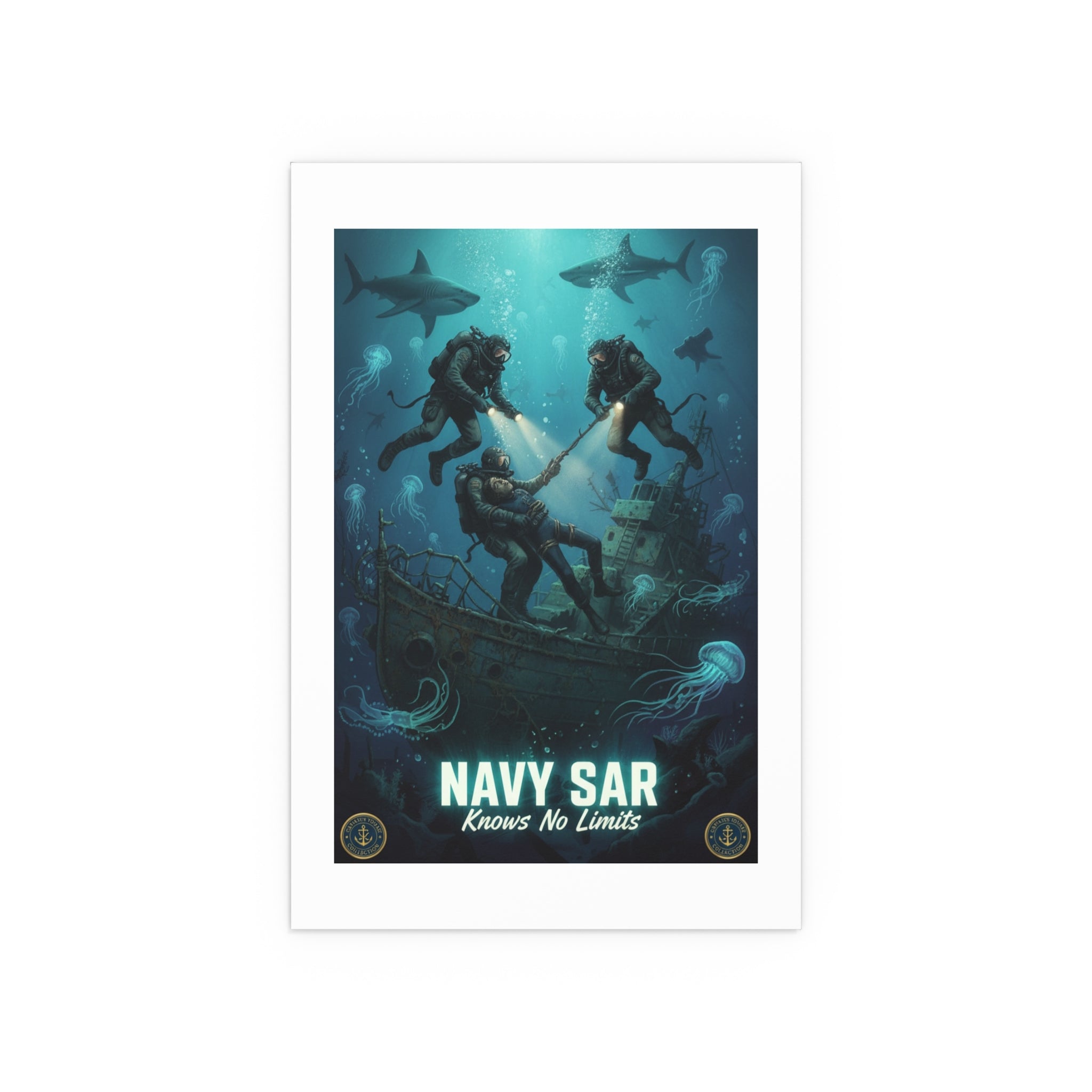 Navy SAR Silk Poster — 'Knows No Limits' Underwater Diver Rescue Art