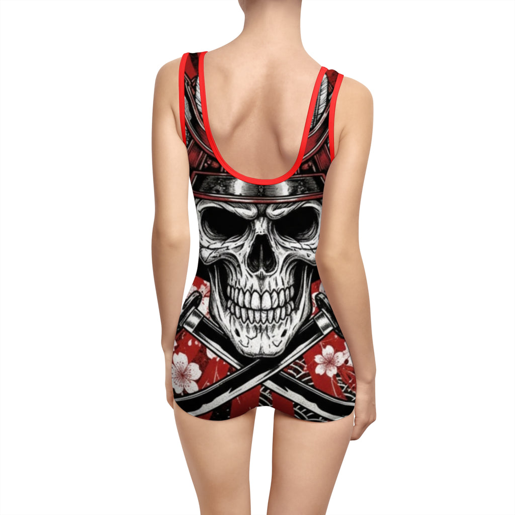 Skull Samurai One-Piece Swimsuit – Vintage Red Floral AOP