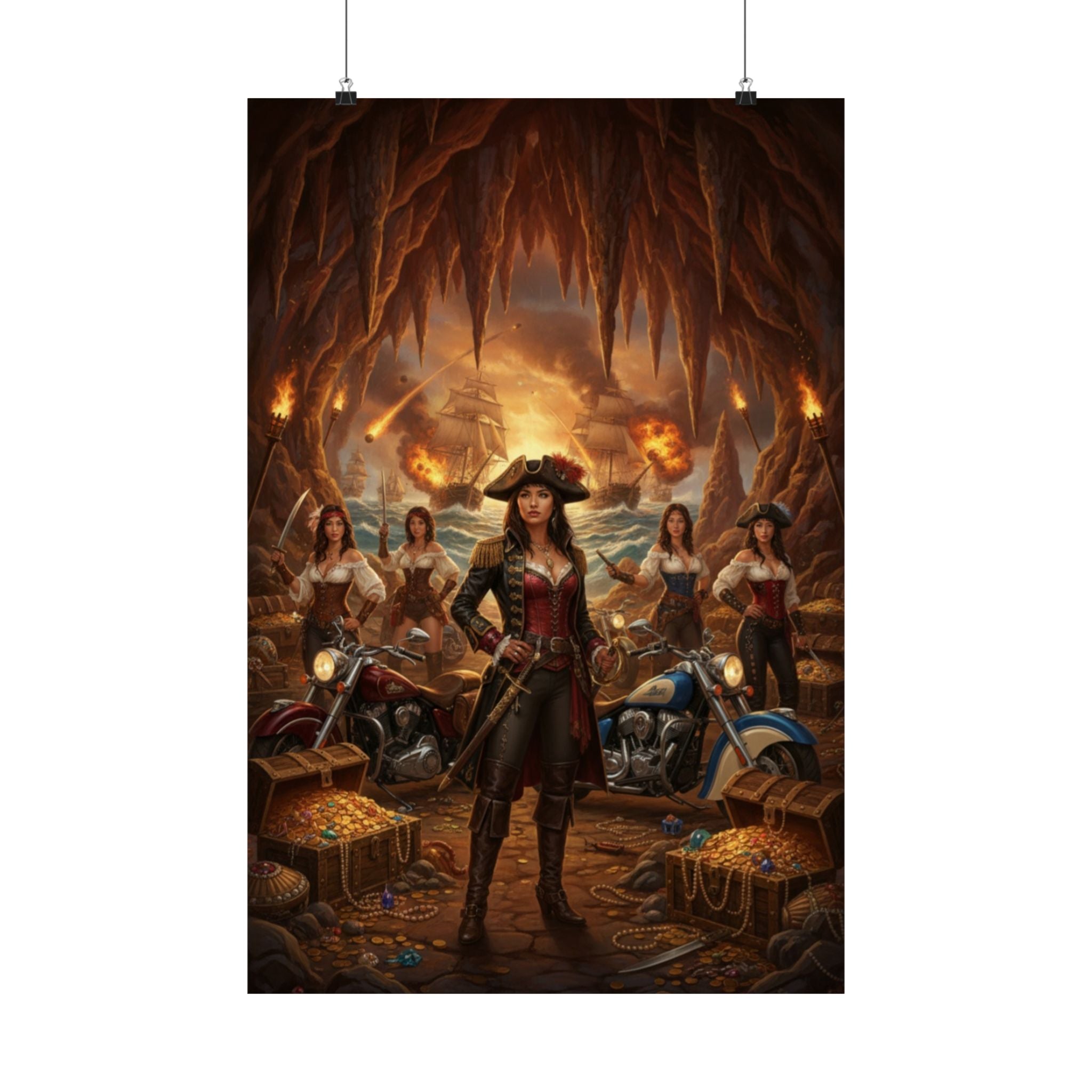 Pirate Queen Matte Poster — Fantasy Biker Treasure Cave Wall Art