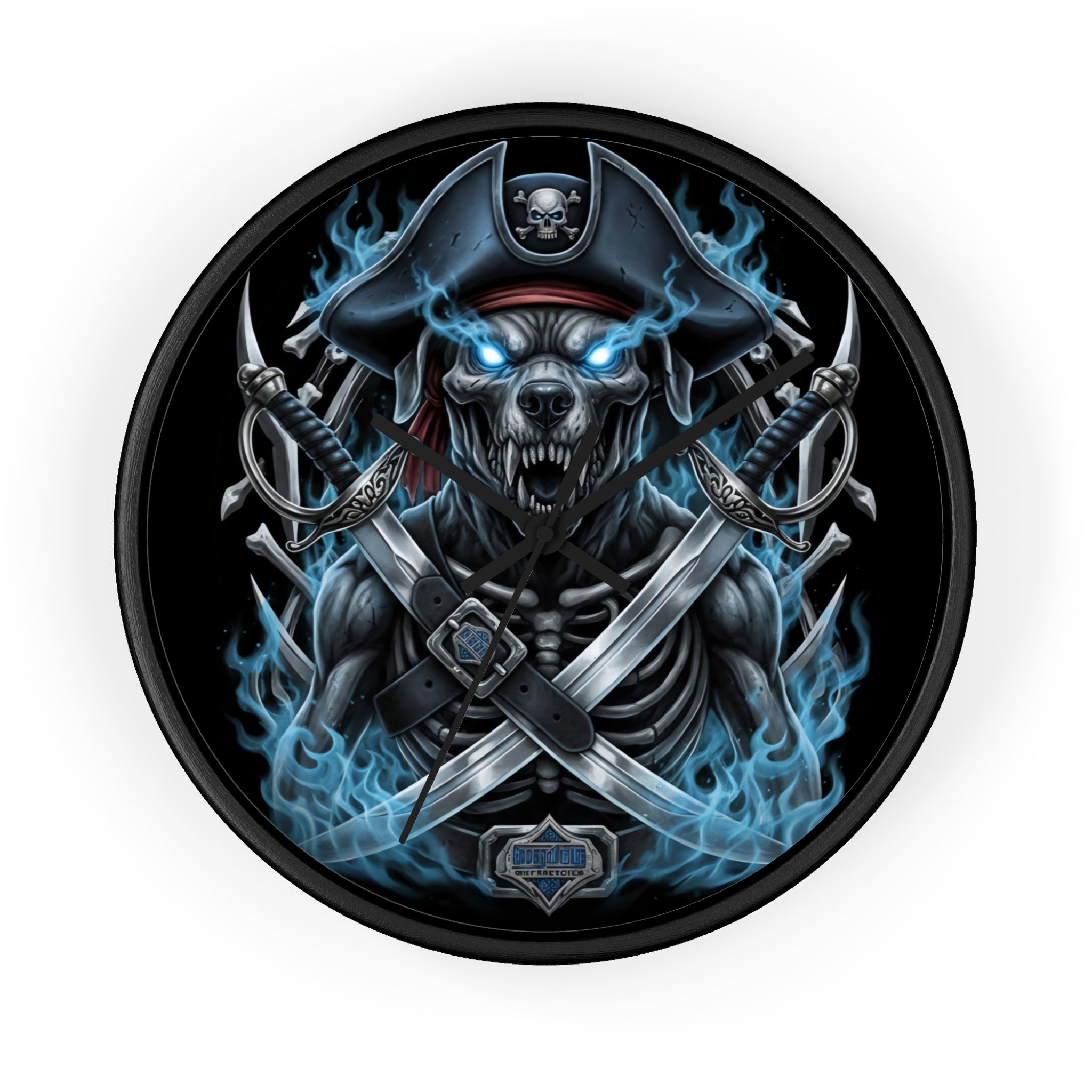 Pirate Skeleton Wall Clock — Blue Flame Skull Nautical Decor