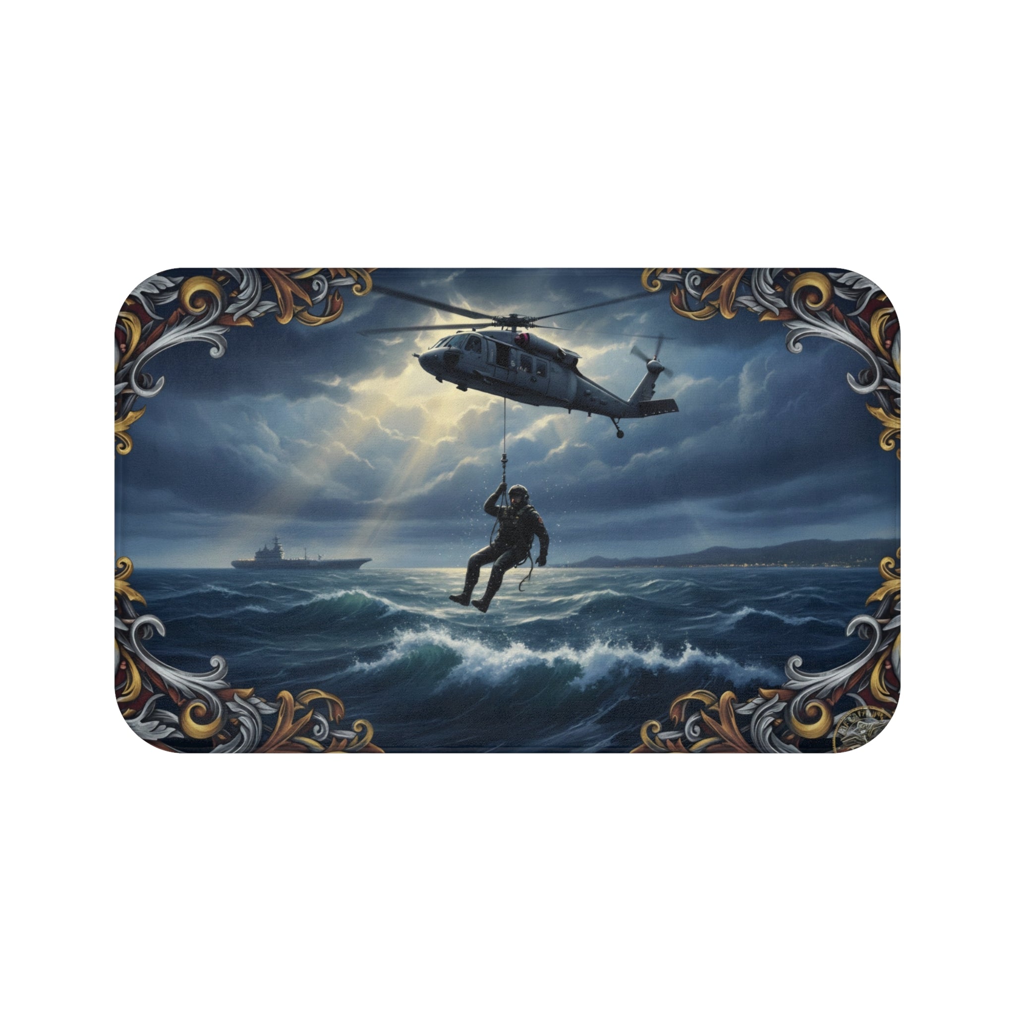 Coast Guard Rescue Scene Bath Mat — Nautical Helicopter SAR Ocean Rug