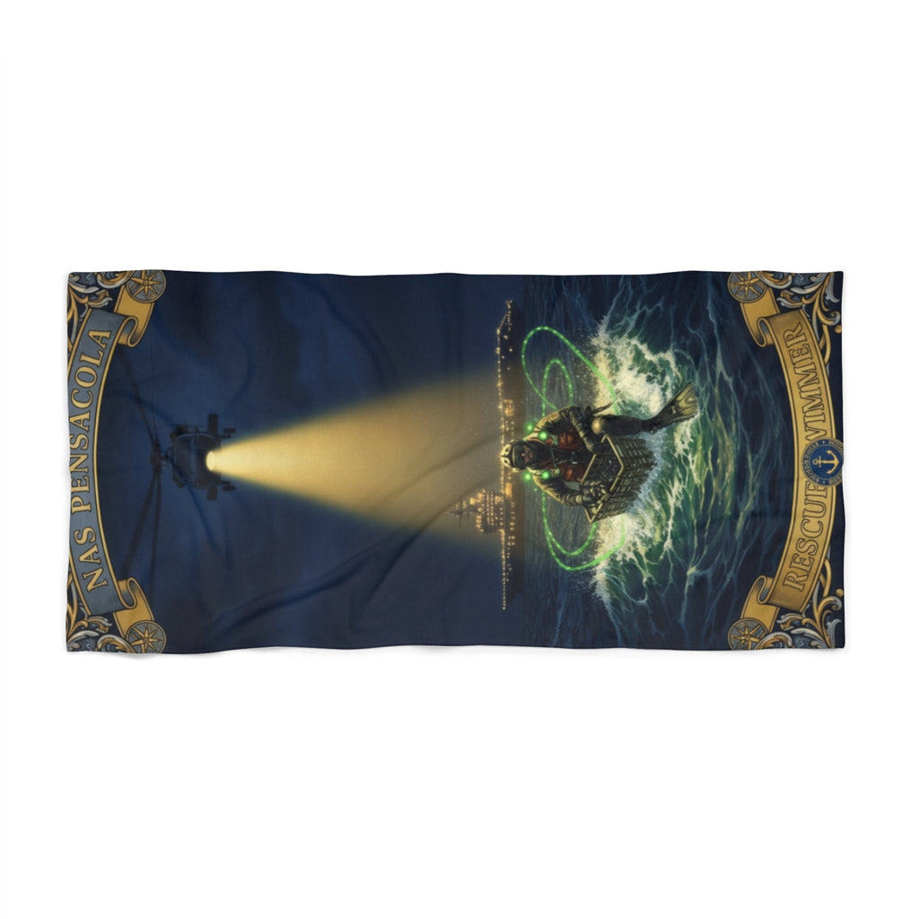 Nautical Lighthouse & Diver Beach Towel — Vintage Maritime Rescue Design