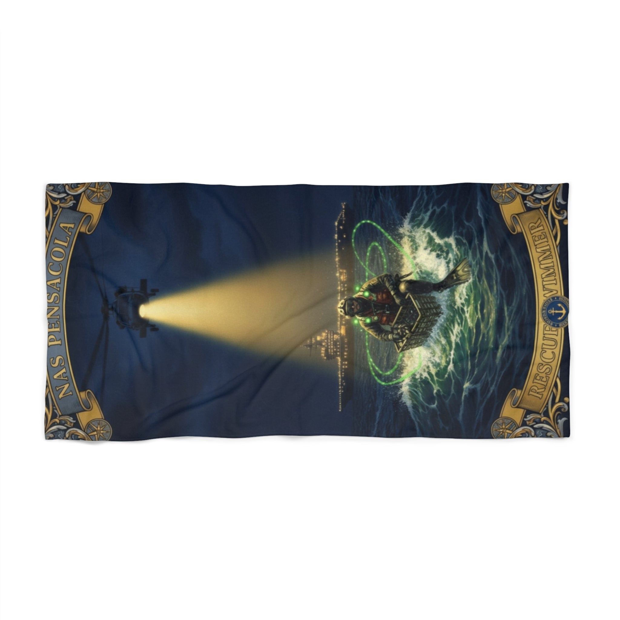 Nautical Lighthouse & Diver Beach Towel — Vintage Maritime Rescue Design