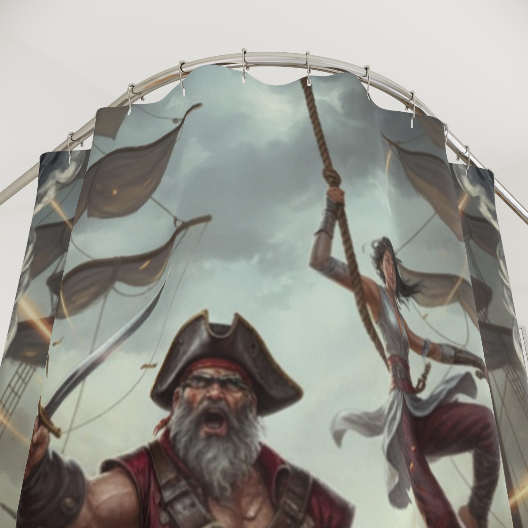 Pirate Battle Shower Curtain — Vintage Sea Captain & Swashbuckler Nautical Bathroom Decor