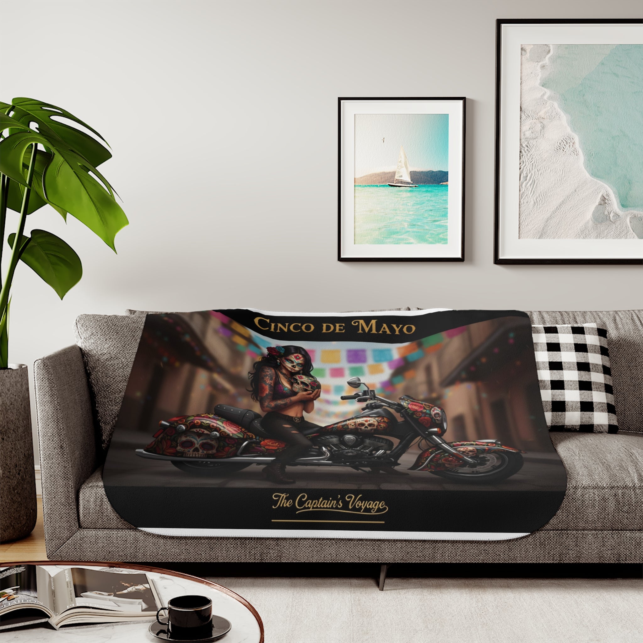 Cinco de Mayo Day of the Dead Biker Sherpa Blanket