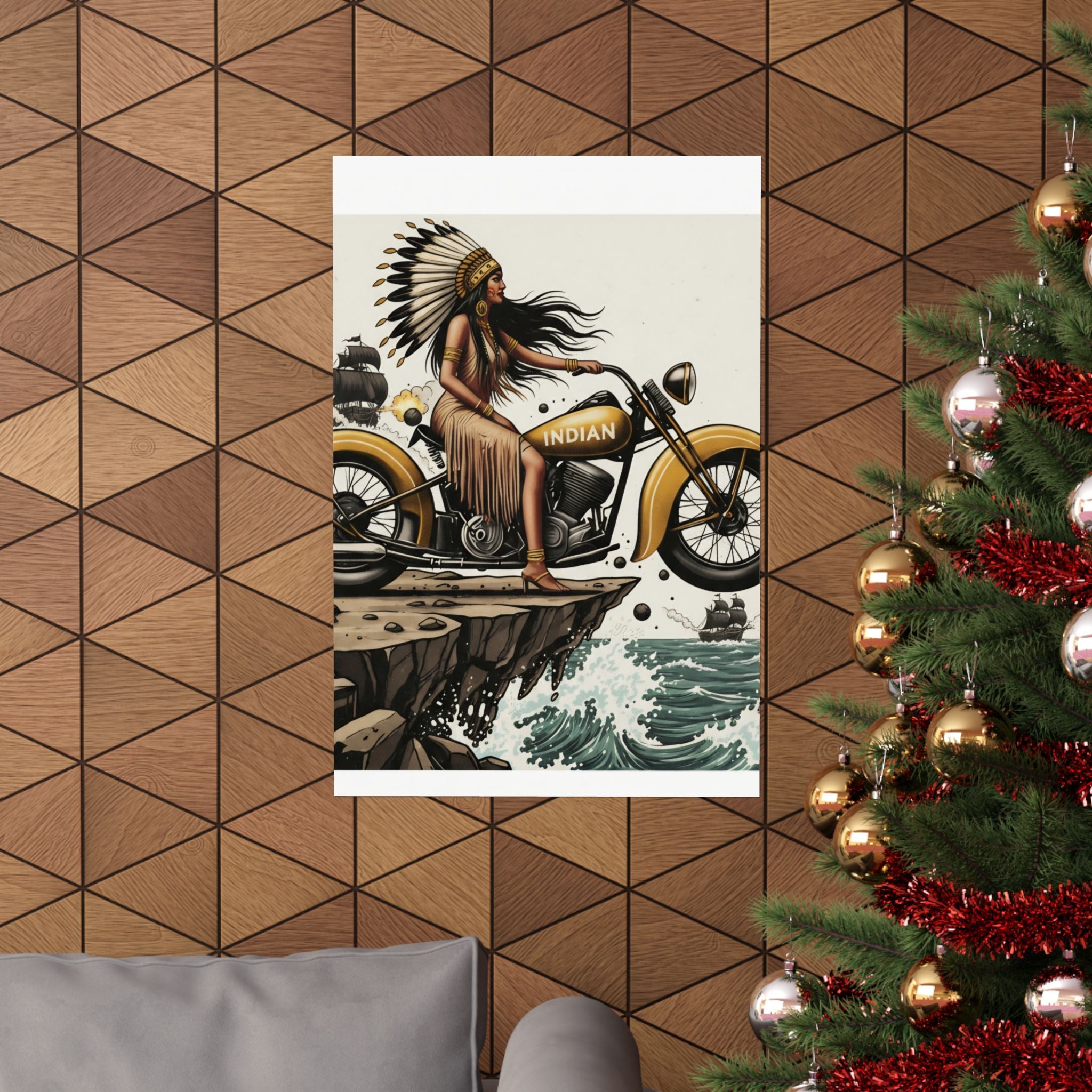 Vintage Indian Motorcycle Poster — Native Rider Matte Vertical Art Print