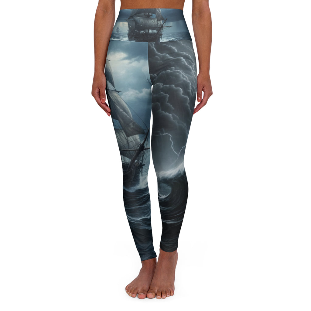 Stormy Seas High-Waist Yoga Leggings — Nautical Ship & Clouds Print