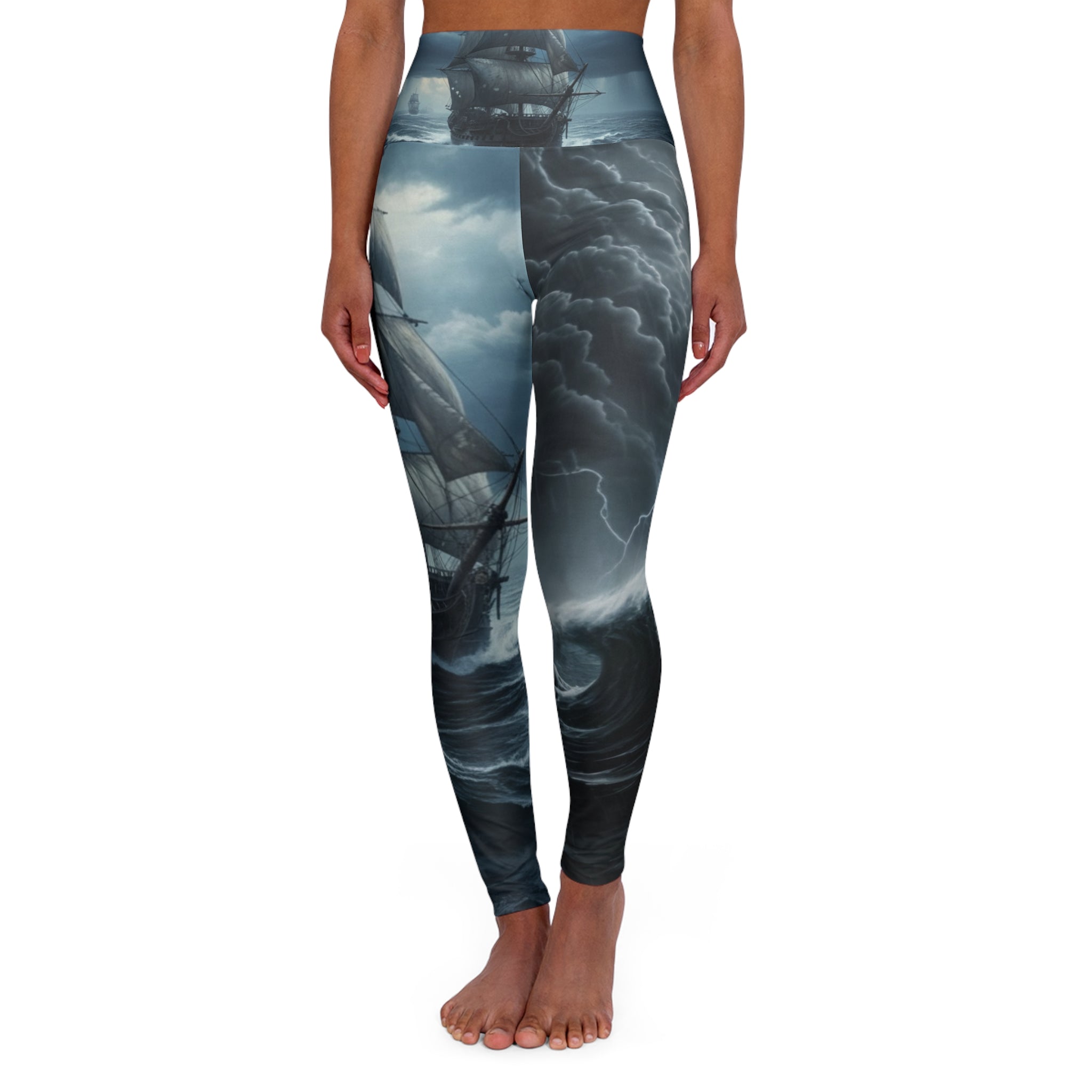 Stormy Seas High-Waist Yoga Leggings — Nautical Ship & Clouds Print