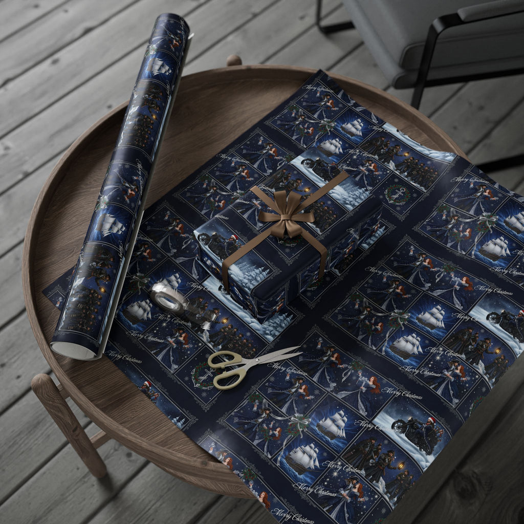 Wrapping Paper - Festive Navy Holiday Scene Gift Wrap (Snow, Sleigh, Night Sky)