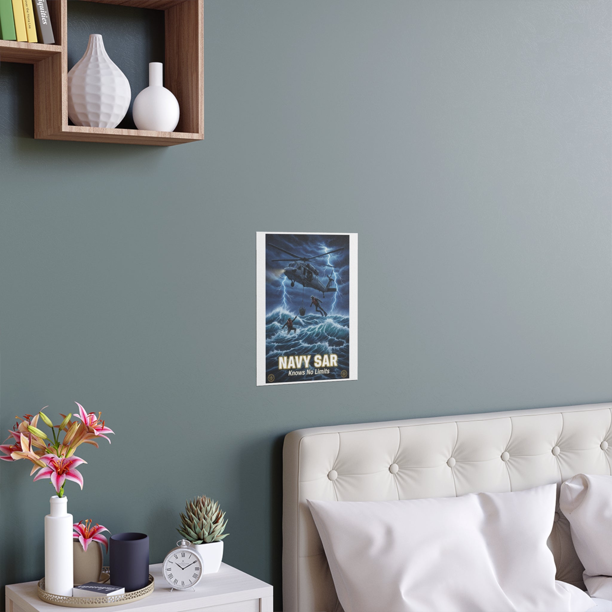 Navy SAR Silk Poster — "Knows No Limits" Rescue Helicopter Art (Indoor/Outdoor)