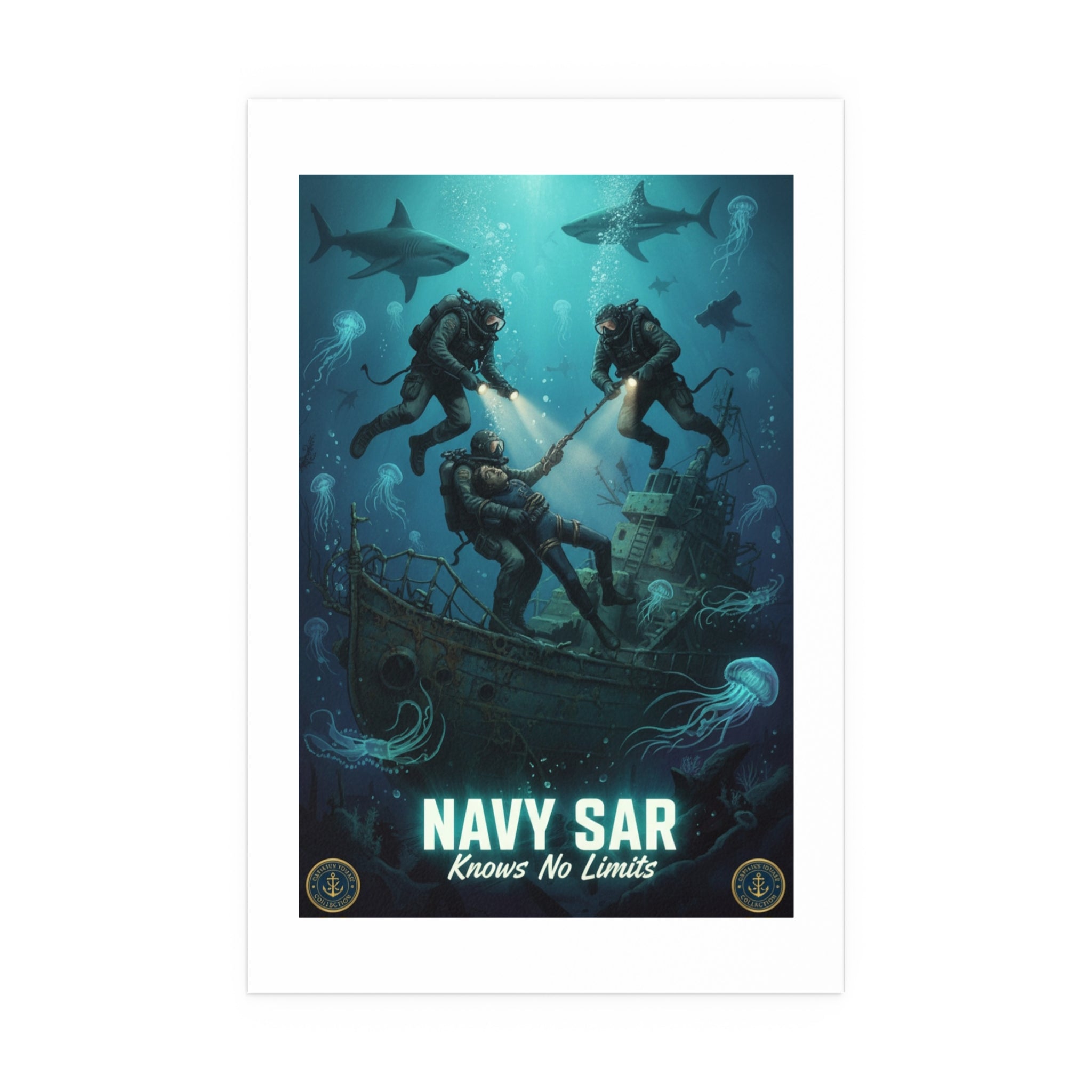 Navy SAR Silk Poster — 'Knows No Limits' Underwater Diver Rescue Art