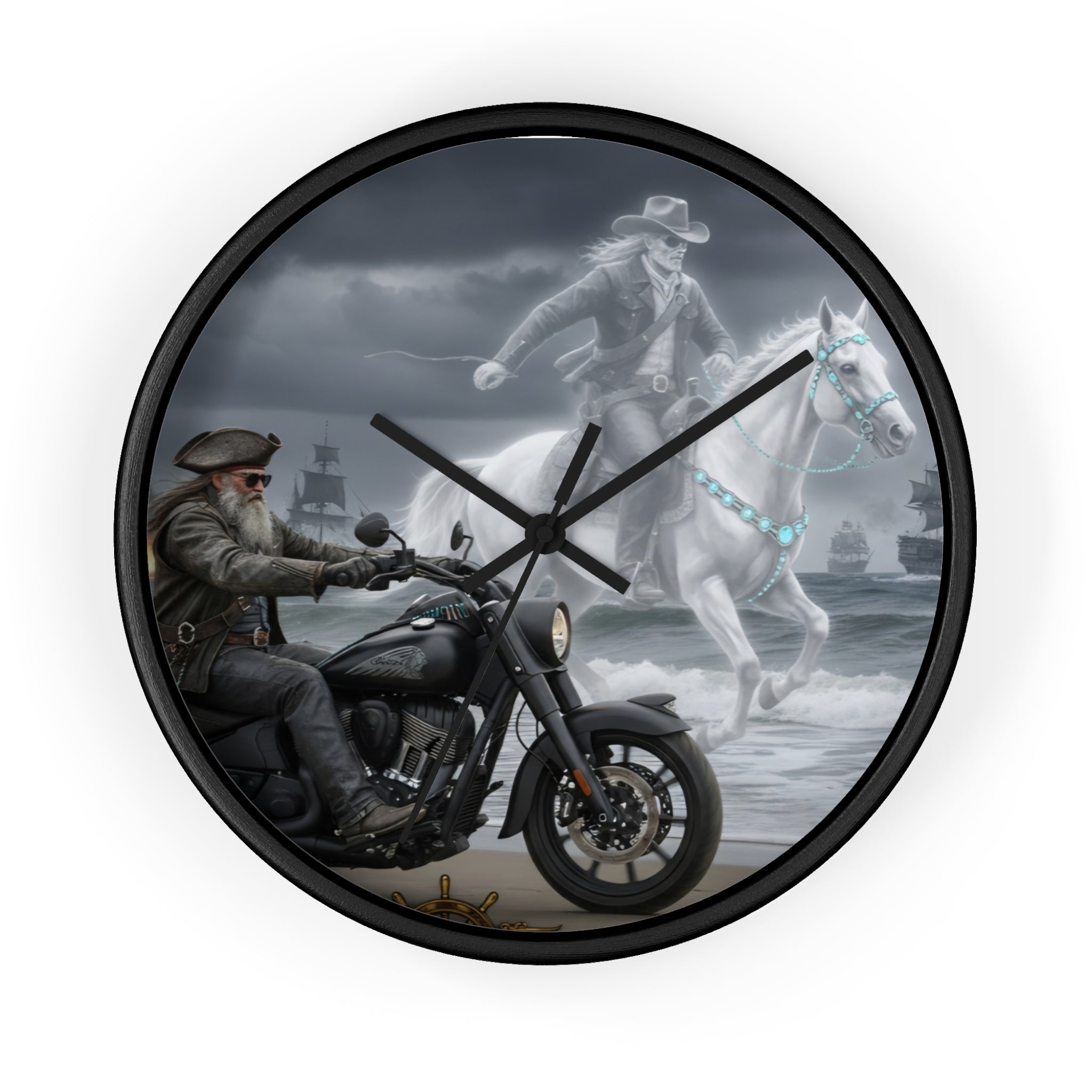 Biker & Ghost Horse Wall Clock — Haunted Seaside Motorcycle Decor