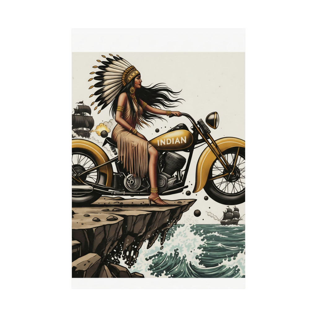 Vintage Indian Motorcycle Poster — Native Rider Matte Vertical Art Print